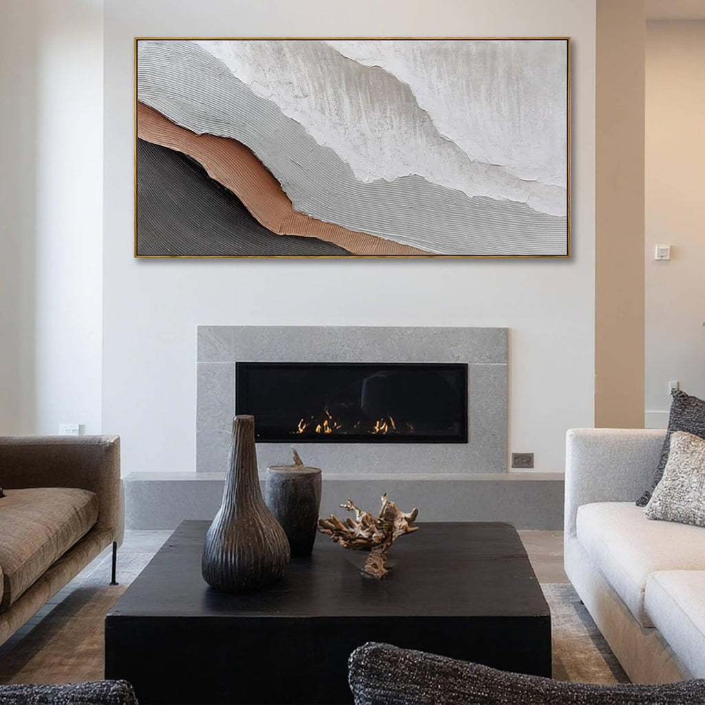 Textured White Wall Art,Grey Abstract Artwork,Large Framed Modern Pictures,Wave Landscape Oil Painting 24'x48'for Home Office Gallery