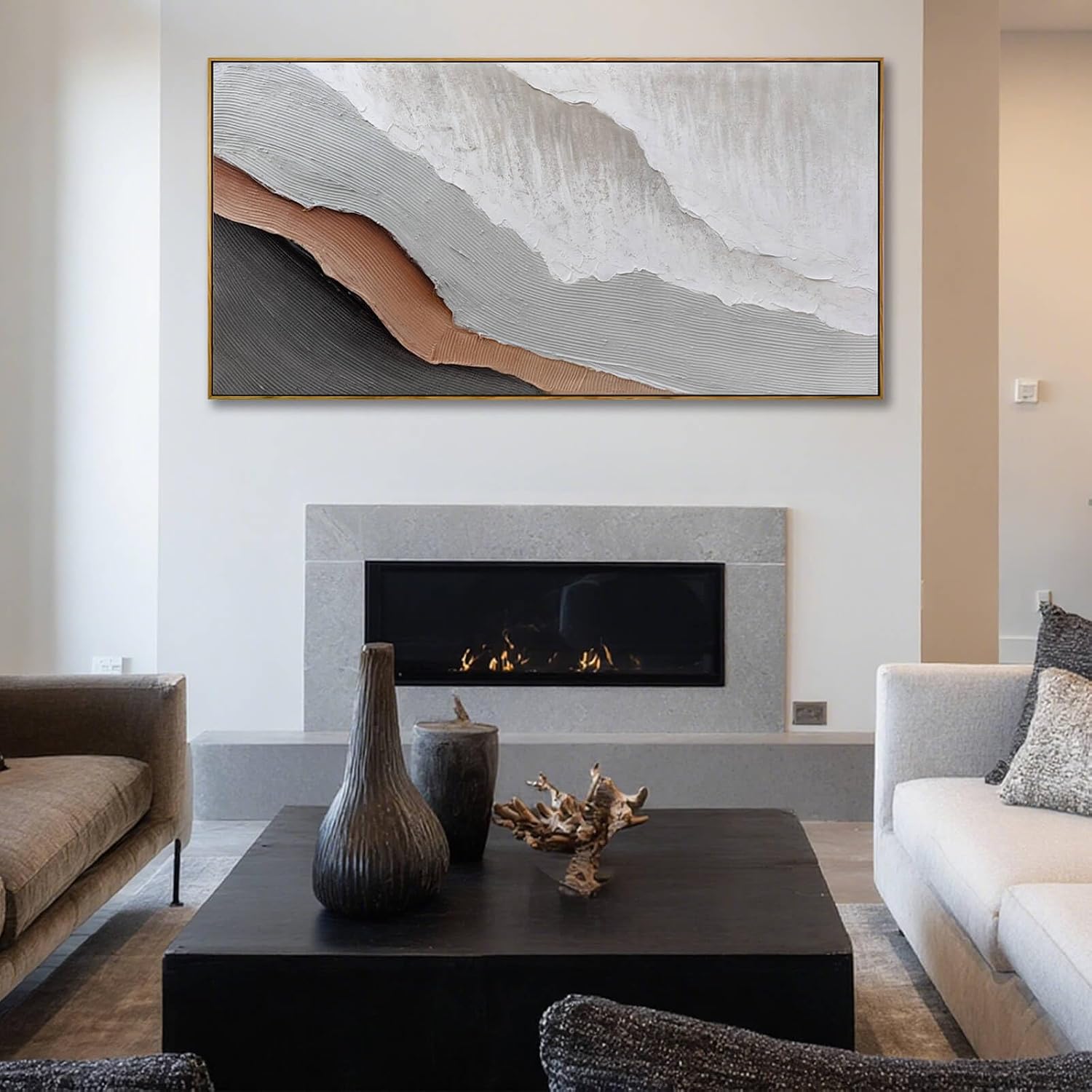 Textured White Wall Art,Grey Abstract Artwork,Large Framed Modern Pictures,Wave Landscape Oil Painting 24'x48'for Home Office Gallery