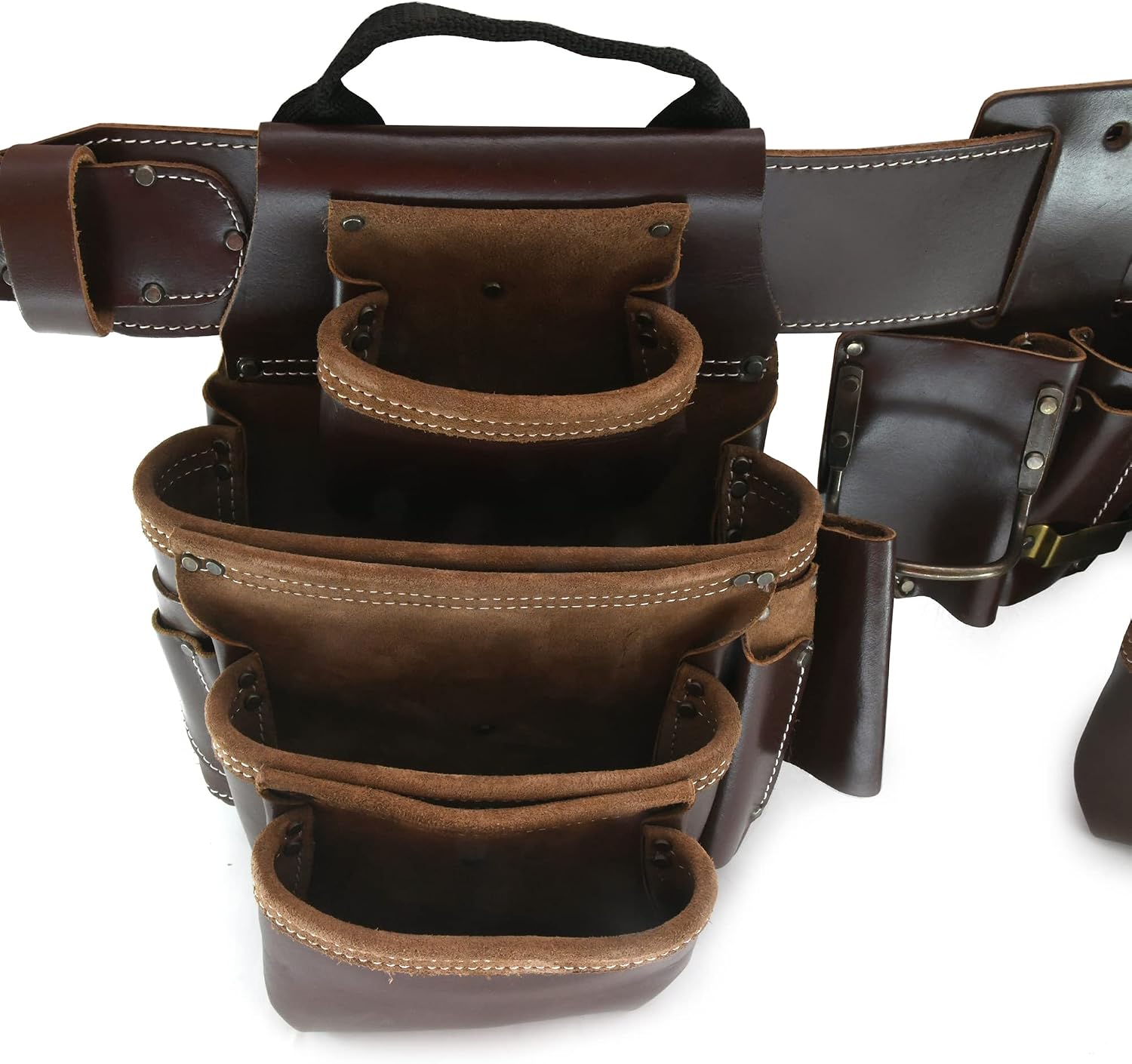 Style n Craft 4-Piece and 22-Pocket Pro Framer's Combo, Tool Belt with 2 Tool Pouches, a 4-Pocket Multi-Tool Holder, and 1 Leather Hammer Loop, Full-Grain Leather Carpenter Tool Belt, Dark Tan (98454)