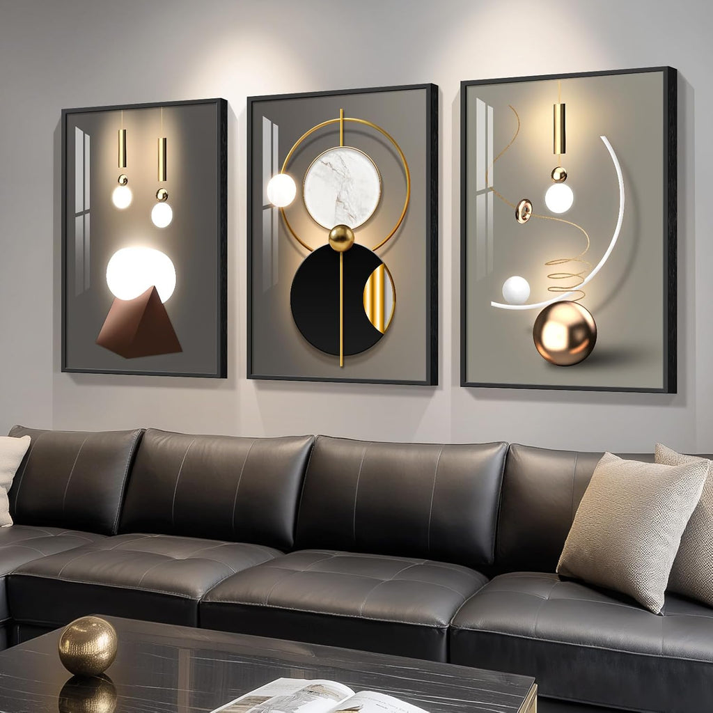 Framed Large Modern Abstract Wall Art for Living Room, Set of 3 Piece Black and White Gold Luxury Artworks, Geometric Painting Print for Dining Room Entryway Hallway Home Office Wall Decor, 24x36 In
