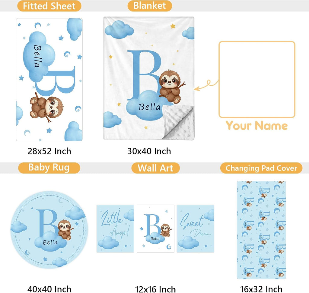 Terwex Personalized Baby Bedding Set, 5 Pcs Custom Baby Crib Sets with Name, Toddler Bedding Set for Baby Girls Boys, Blue Sloth Double Layer Nursery Bedding Set, Customized Gifts for Infants Kids