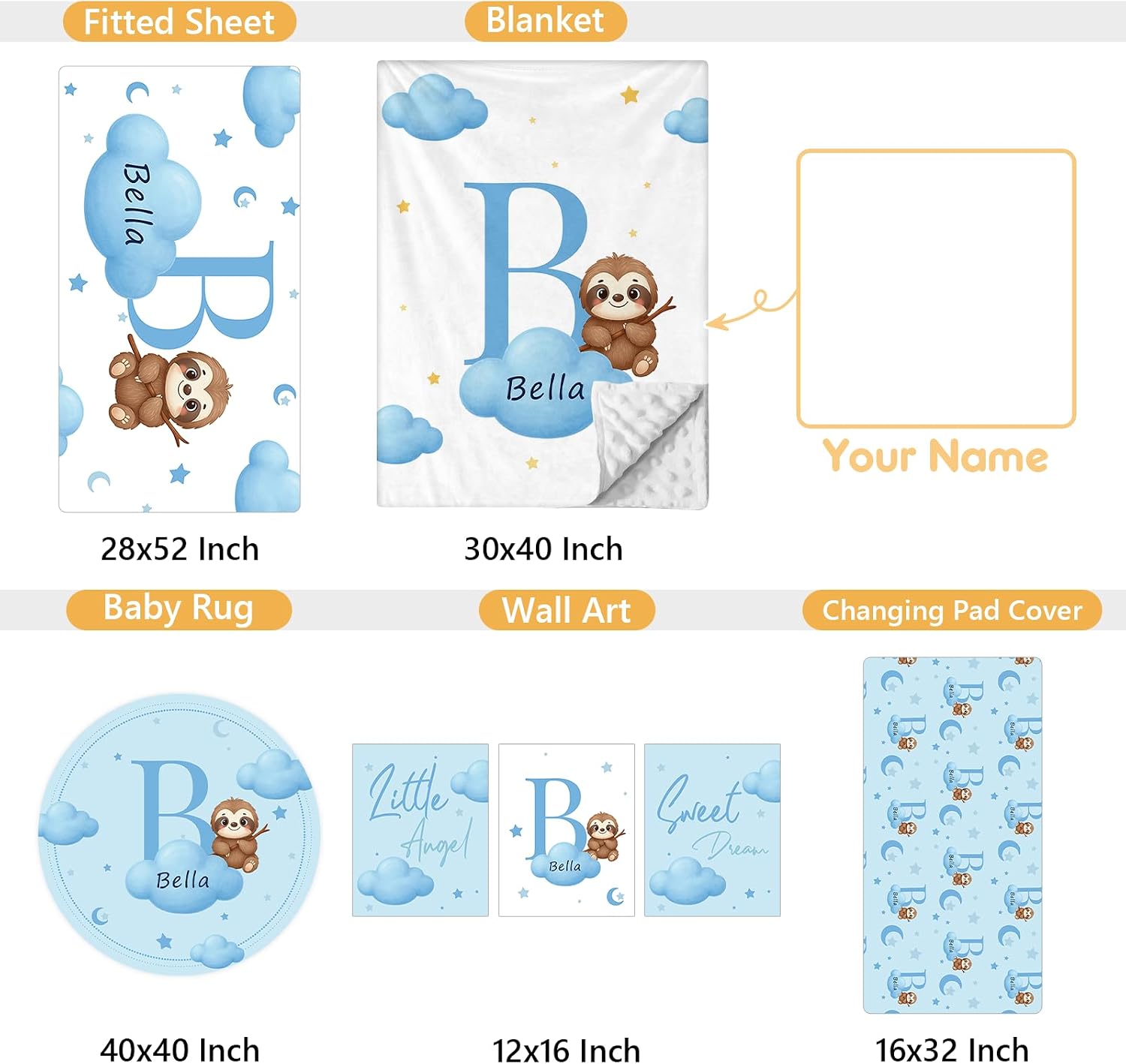 Terwex Personalized Baby Bedding Set, 5 Pcs Custom Baby Crib Sets with Name, Toddler Bedding Set for Baby Girls Boys, Blue Sloth Double Layer Nursery Bedding Set, Customized Gifts for Infants Kids