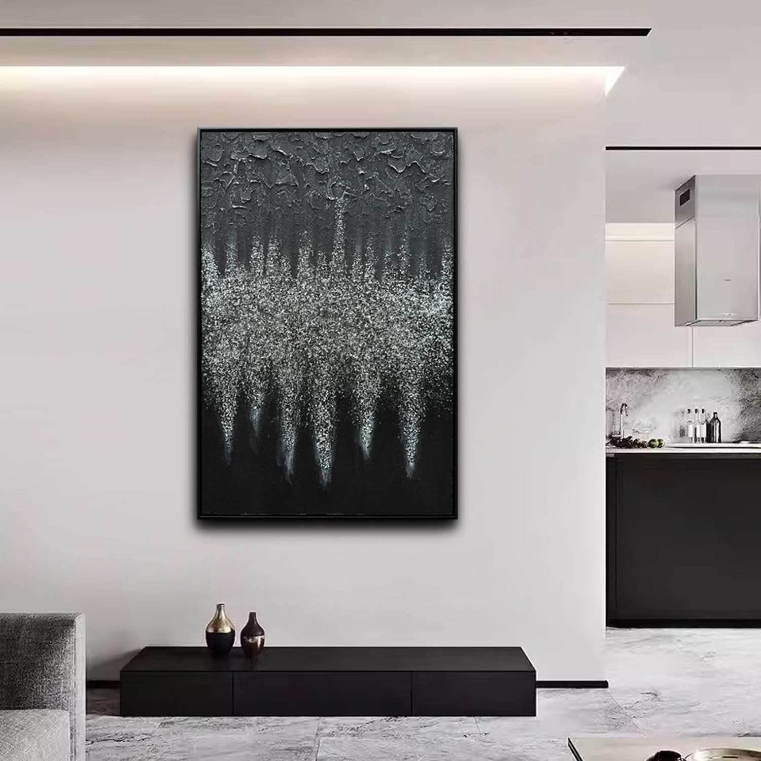 Framed Black Abstract Modern Oil Paintings, Glass Crystal Textured Wall Art, Vertical Contemporary Art, Glittery Crystal Artwork