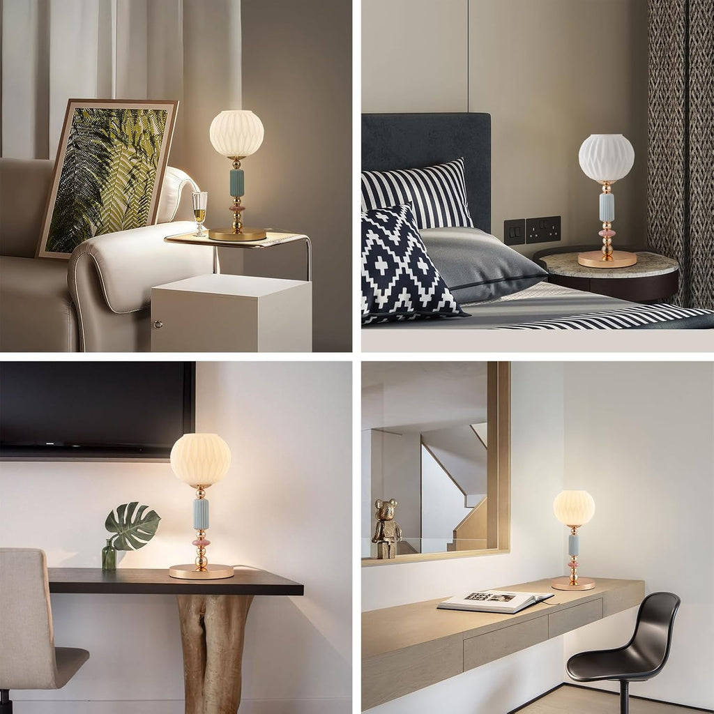 Modern Milk White Glass Table Lamp Bedside Nightstand Lamp Metal Desk Light with Plug Cord Switch for Bedroom Living Room Dining Room