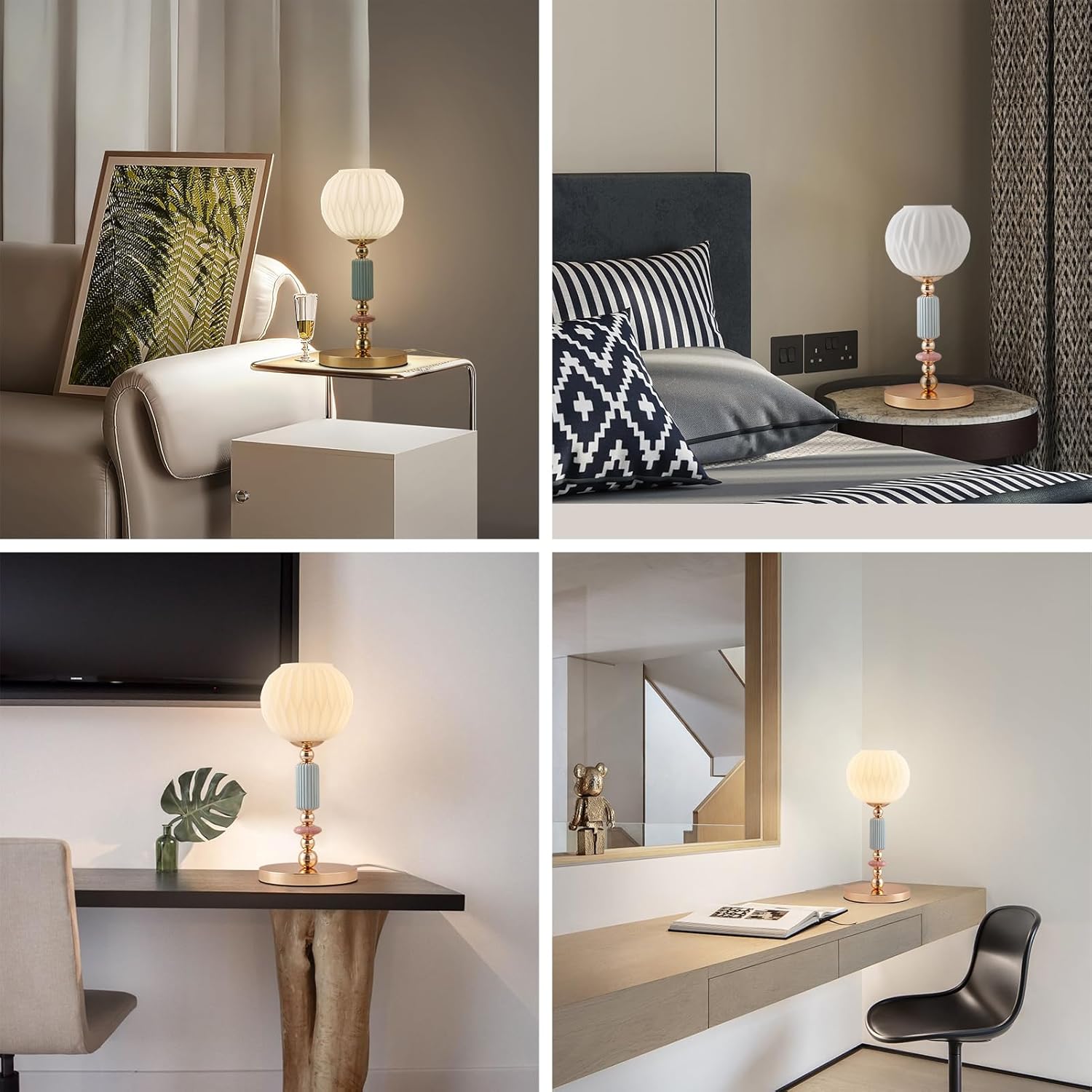 Modern Milk White Glass Table Lamp Bedside Nightstand Lamp Metal Desk Light with Plug Cord Switch for Bedroom Living Room Dining Room