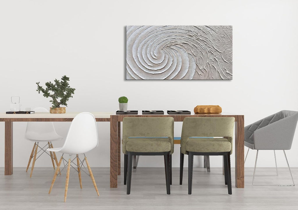 Slyart Thick Texture White Wall Art, Hand Painted 3D Ocean Wave Circle Oil Painting, 24'x48' Large White Canvas Abstract Wall Art