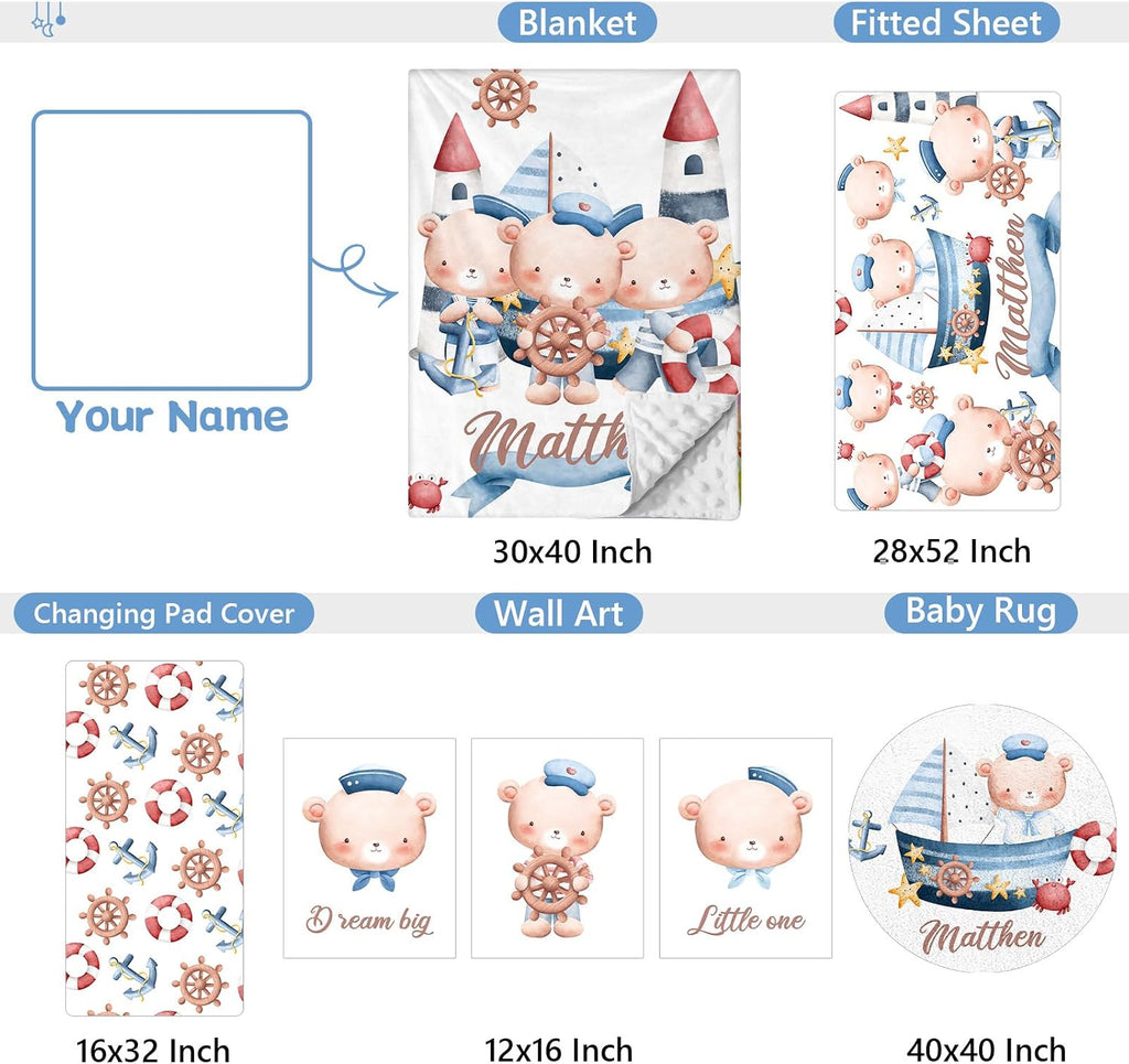 Custom Crib Bedding Set 5 Piece for Girls Boys – Personalized Sailor Bear Theme, Newborn Sleep Set, Nursery Decor, Toddler Room Essentials, Infant Sleep, Baby Room Accessories, Baby Gift