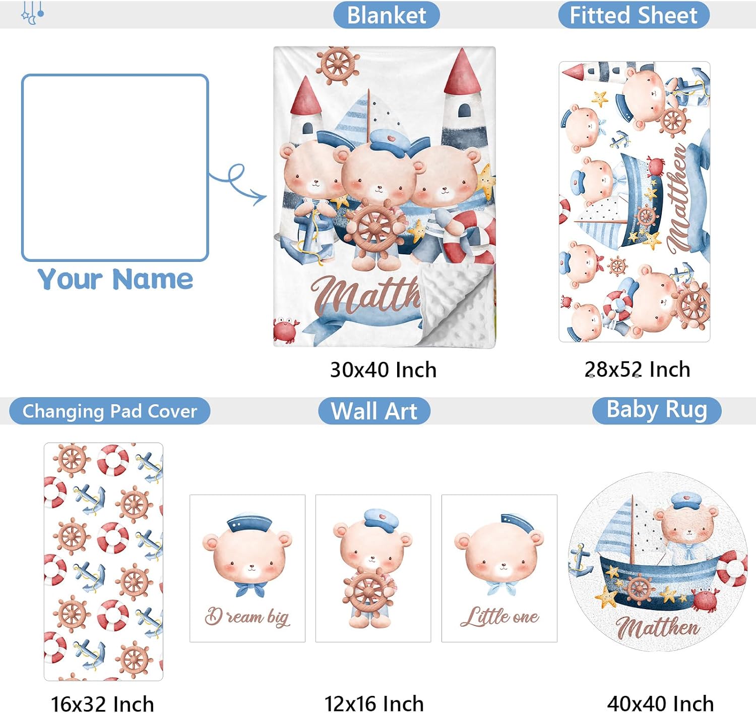 Custom Crib Bedding Set 5 Piece for Girls Boys – Personalized Sailor Bear Theme, Newborn Sleep Set, Nursery Decor, Toddler Room Essentials, Infant Sleep, Baby Room Accessories, Baby Gift