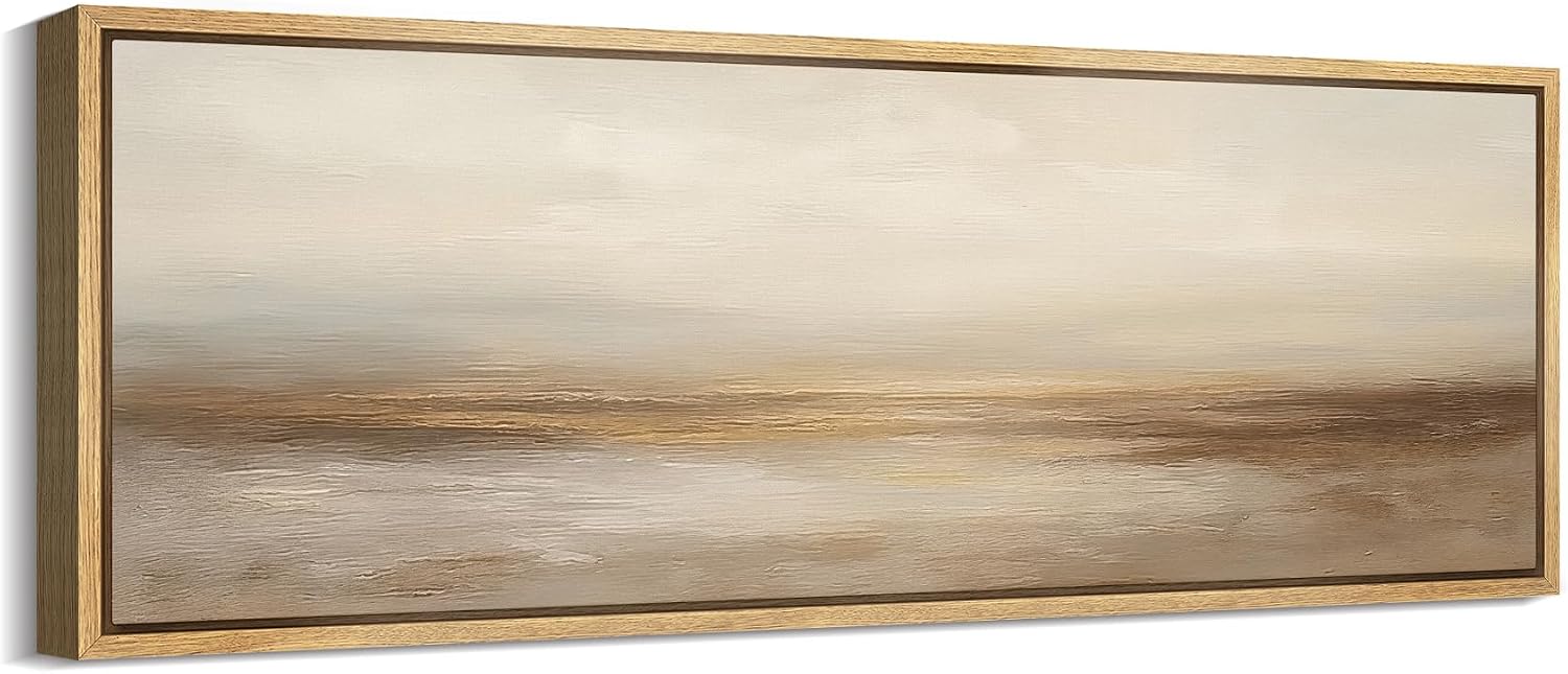 MUDECOR Large Framed Canvas Print Wall Art Neutral Beige Horizon Abstract Modern Minimalist Landscape Illustrations Decorative Colorful for Bedroom - 60'x20'