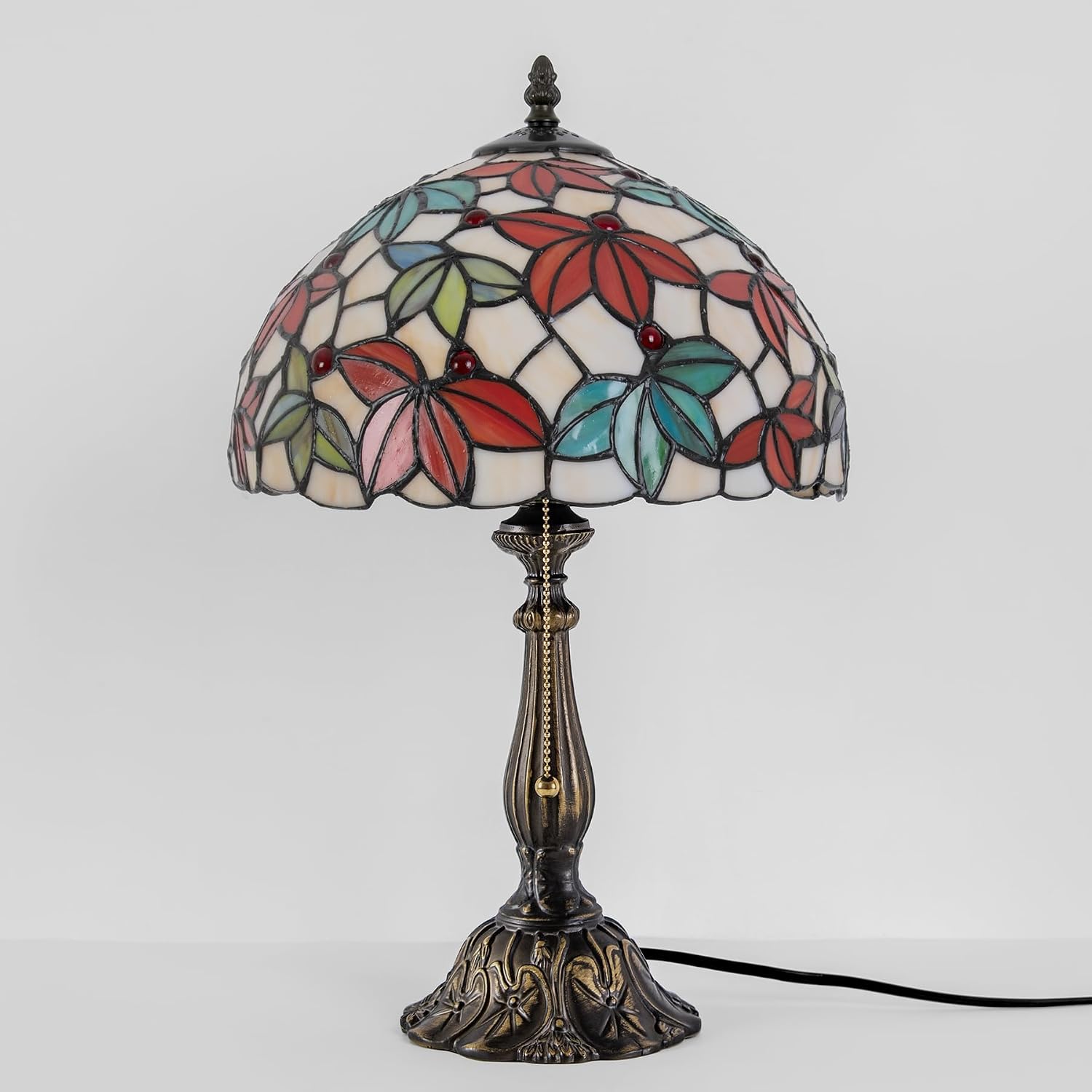Tiffany Style Stained Glass Table Lamp, Maple Leaf Desk Light with Antique Bronze Resin Base, Multicolor Reading Lighting for Bedroom, Living Room, Office 12'X12'X19 (Maple-White)