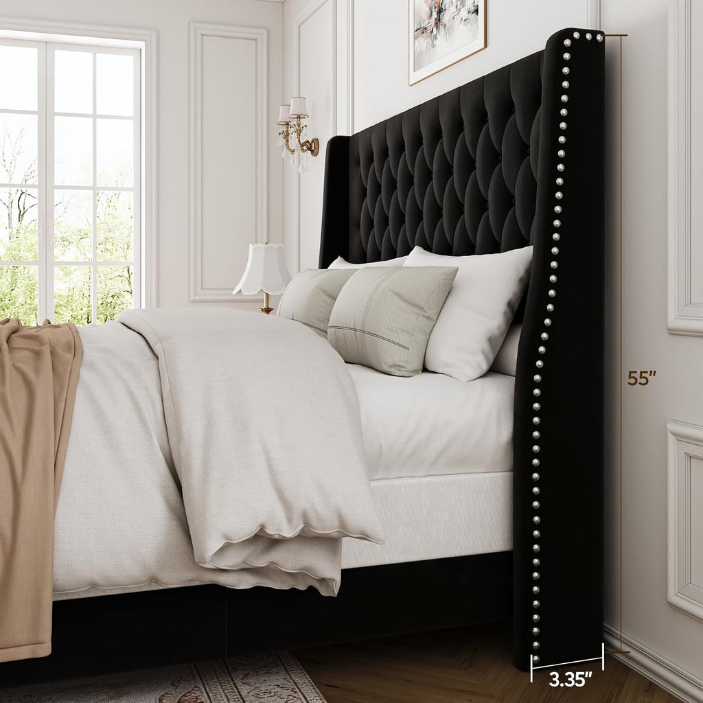 Queen Bed Frame with 55' Tall Headboard, Upholstered Black Bed Frame Queen, Soft Fabric, Button Tufted Headboard with Windback, Platform Bed, Noise-Free, No Box Spring Needed