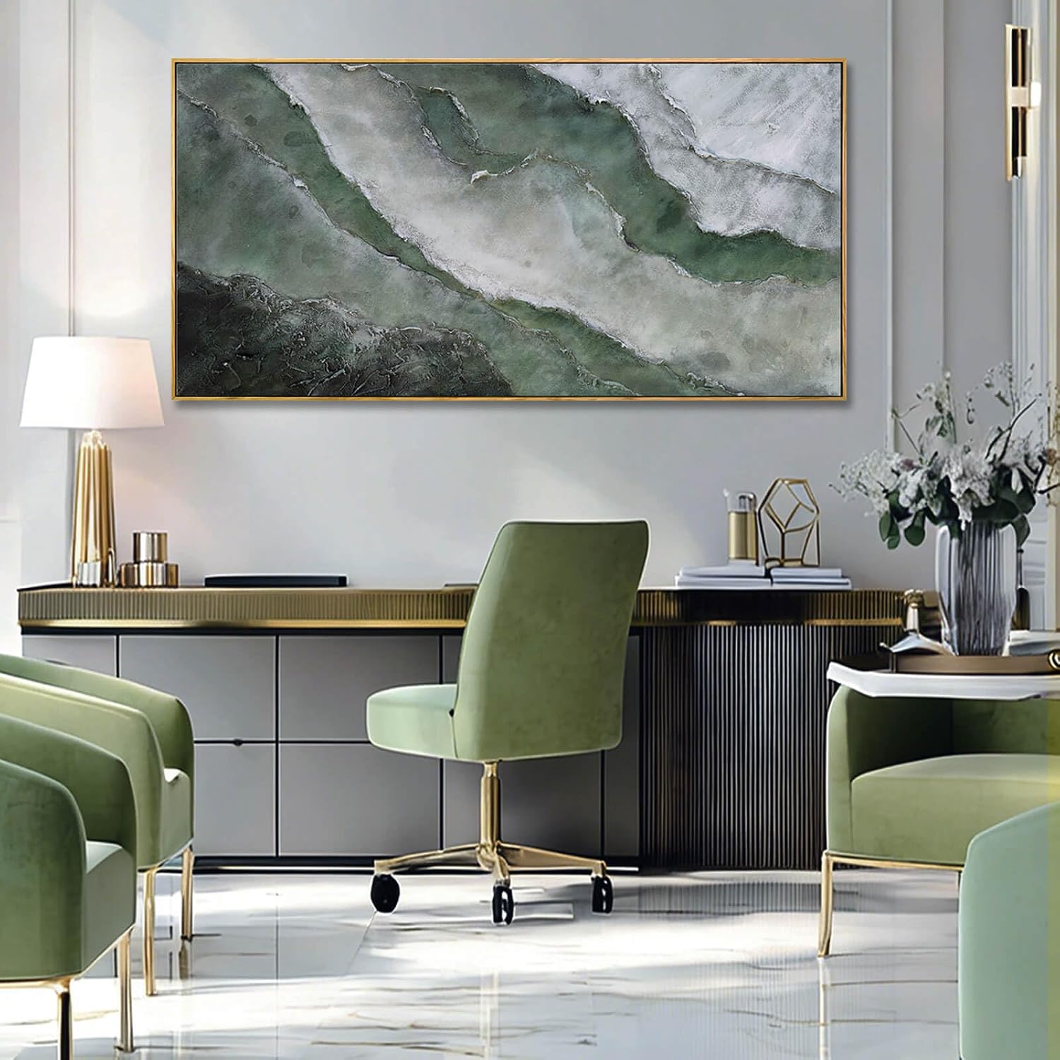 Green and White Textured Landscape Wall Art 24x48 Inch, Large Framed Canvas Artwork with Wood Frame, Abstract Nature Wall Decor for Living Room or Entryway