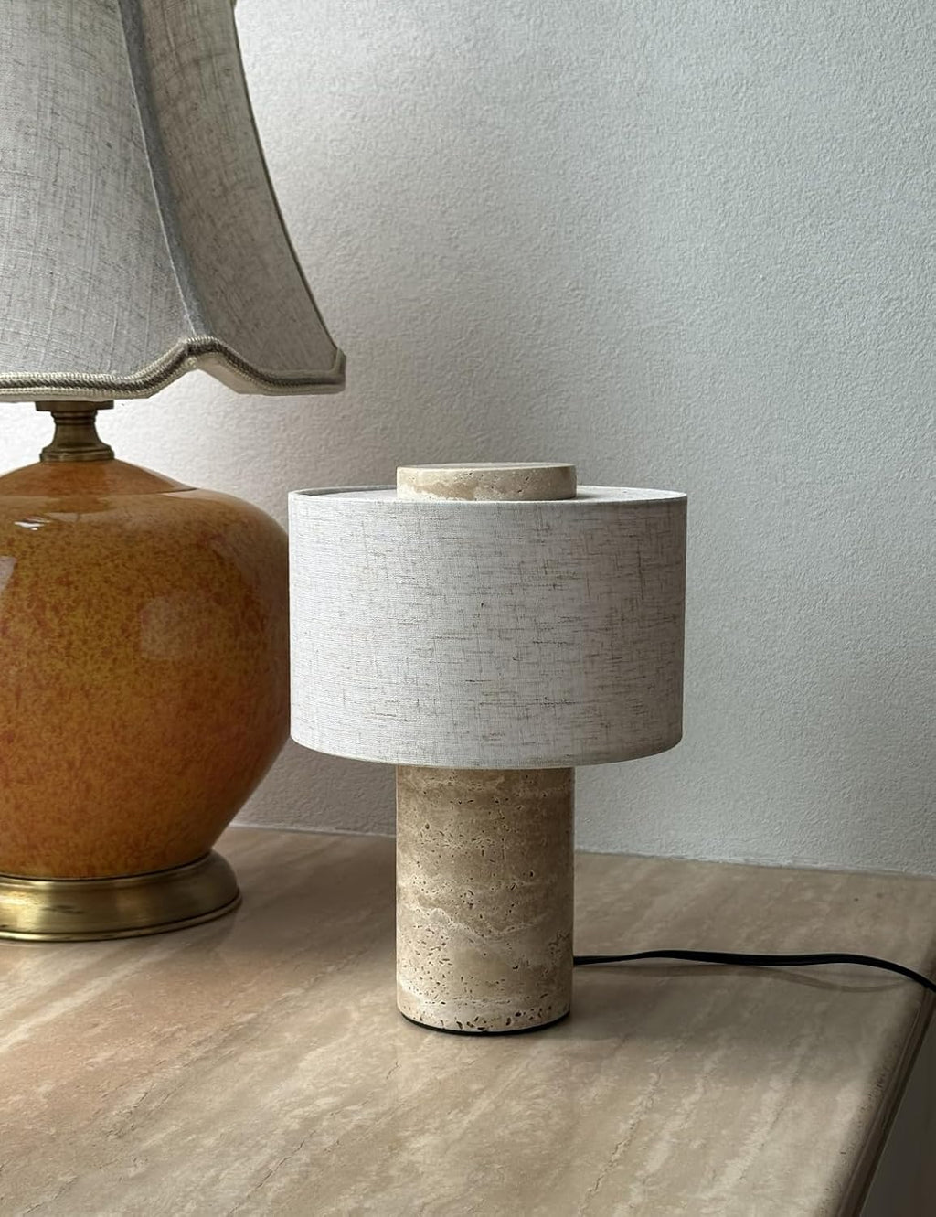 Stone Lamp, Natural Travertine Table Lamp 10 Inch Marble Wabi Sabi Light Fixture Organic Modern Home Decor Warm to Cool White Light for Bedside, Console, Entryway, Counter...(Plug-in Travertine Lamp)