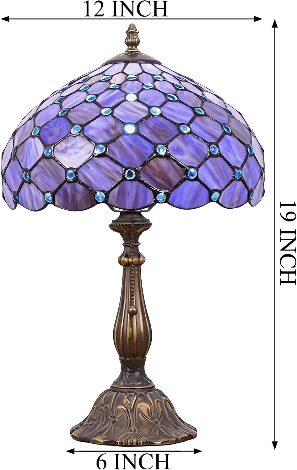 Tiffany Lamp Stained Glass Table Lamp Antique Bedside Reading Light W12H19 Inches (Purple Pearl)