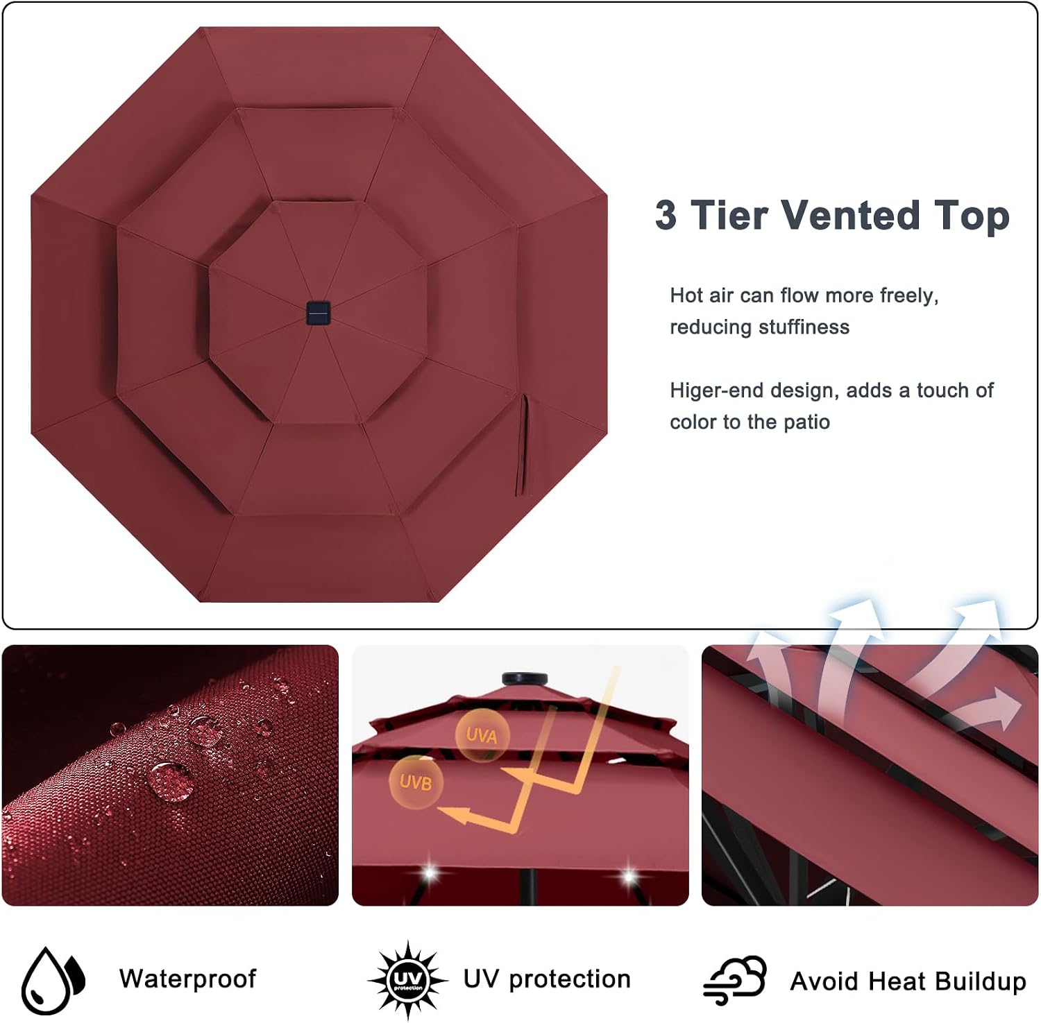 ABCCANOPY 3-Tiers 11FT Solar Patio Umbrella, Outdoor Umbrella with 32 LED Lights for for Deck, Pool, Garden, Backyard (Burgundy)