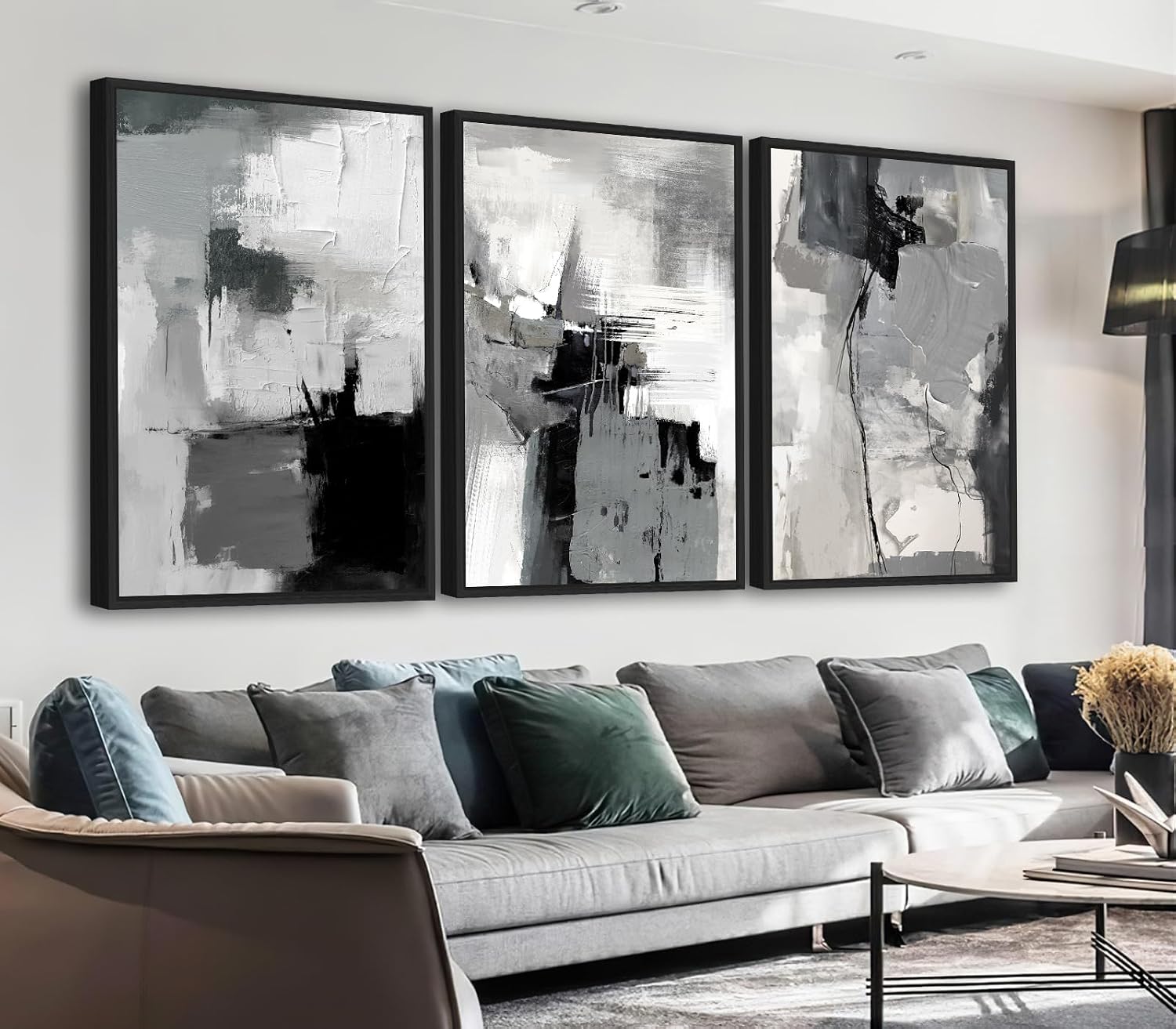 Large Framed Canvas Wall Art - Retro Grey Graffiti Pictures for Living Room Rustic Abstract Wall Decor Vintage Prints for Bedroom Dinning Room Black Float Framed 32' X 48' X 3 pcs