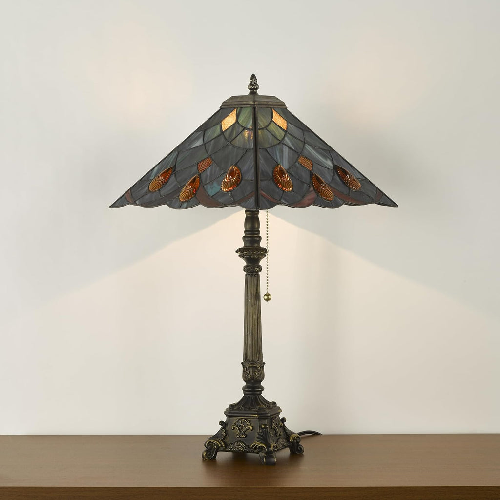 Tiffany Table Lamps Sea Blue Stained Glass Crystal Style Mission Desk Lamp 12X12X24 Inch Bronze Resin Base