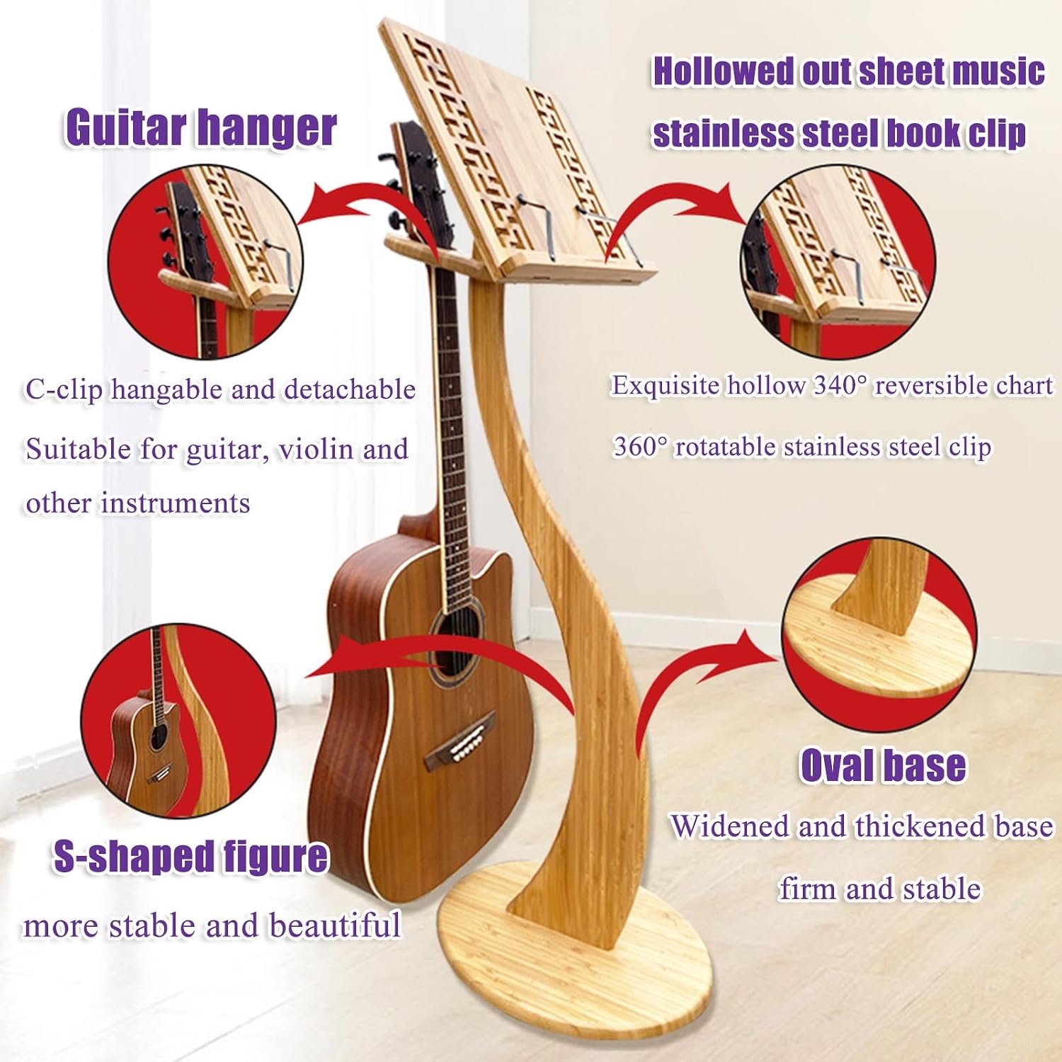 Sheet Music Stand, Orchestral Wooden Music Stand, with Violin Guitar Hanger, Wood Station for Conductors, Professional Music Book Holder, 340° Flip Design, Detachable