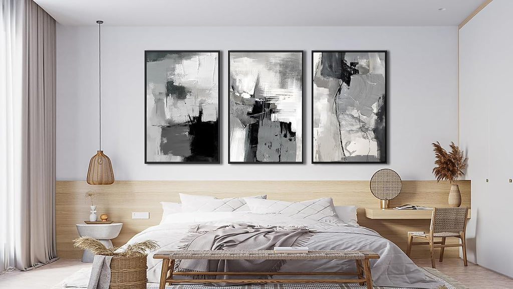 Large Framed Canvas Wall Art - Retro Grey Graffiti Pictures for Living Room Rustic Abstract Wall Decor Vintage Prints for Bedroom Dinning Room Black Float Framed 20' X 28' X 3 pcs