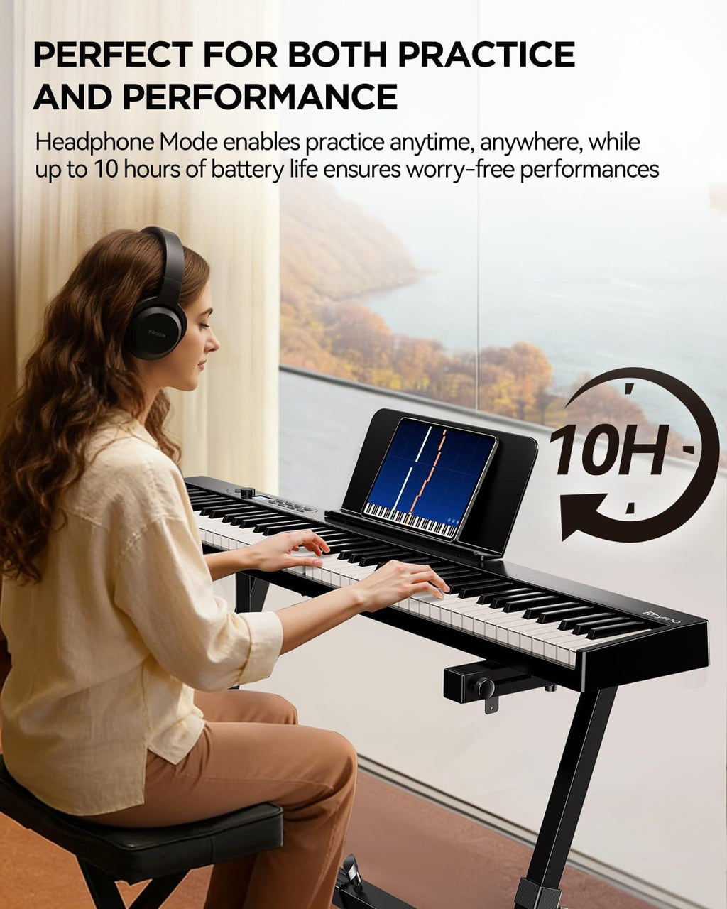 Rhymo Portable Piano Keyboard, Semi-Weighted Folding Piano 88 Key Full Size, Upgrand Imitation Wood Texture Keyboard w/MIDI Bluetooth LCD Display Screen, Sustain Pedal for Beginners Adult Toddler