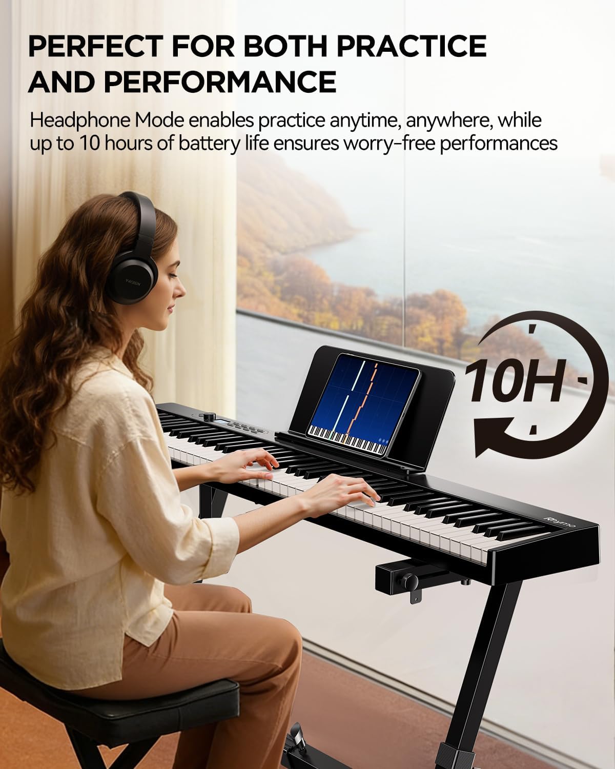 Rhymo Portable Piano Keyboard, Semi-Weighted Folding Piano 88 Key Full Size, Upgrand Imitation Wood Texture Keyboard w/MIDI Bluetooth LCD Display Screen, Sustain Pedal for Beginners Adult Toddler