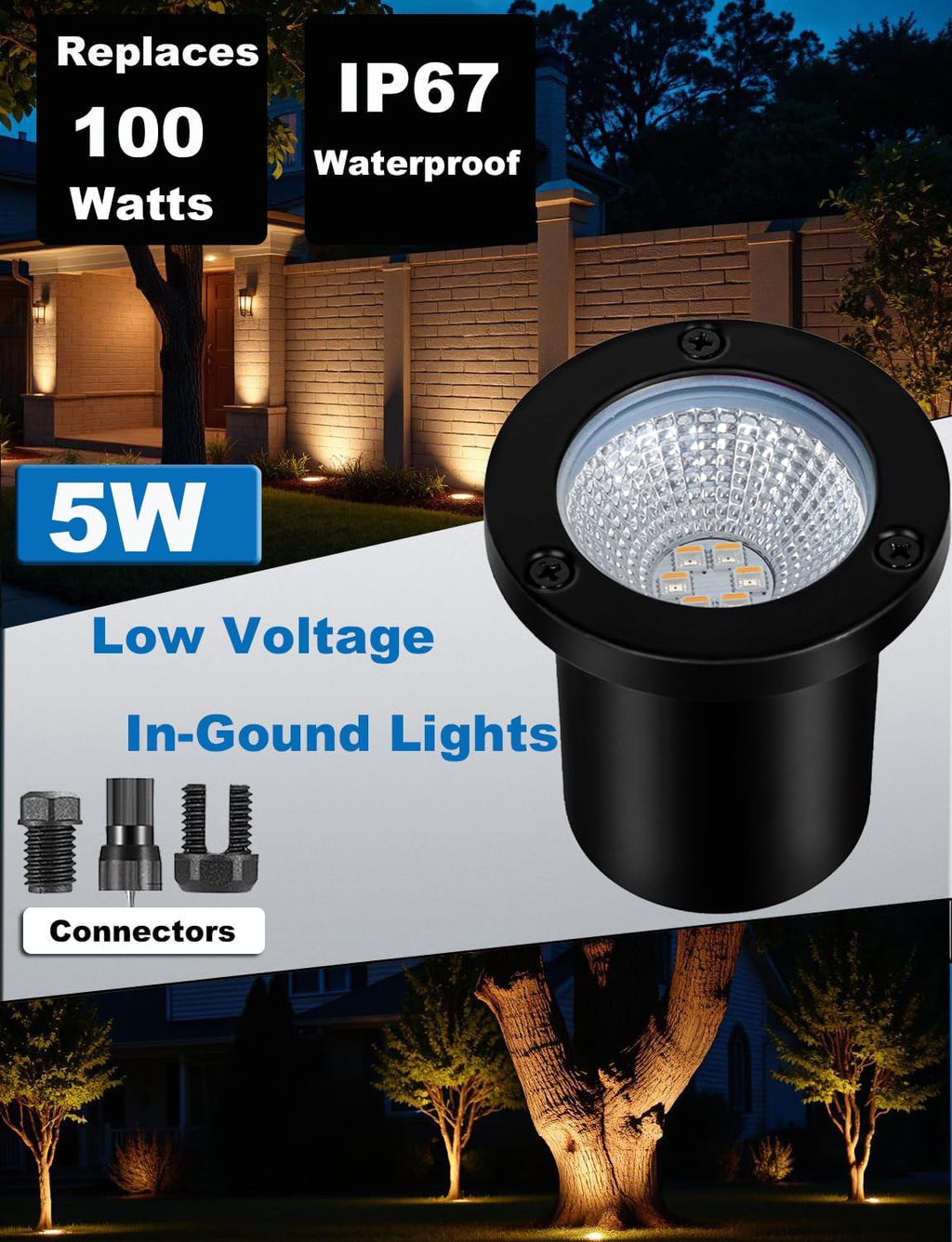 Low Voltage Landscape Lights Well Lights Landscape LED in Ground Light IP67 Waterproof Outdoor Landscape Lighting with Connectors for Pathway Garden Yard Fence Deck (Warm White 3000K)