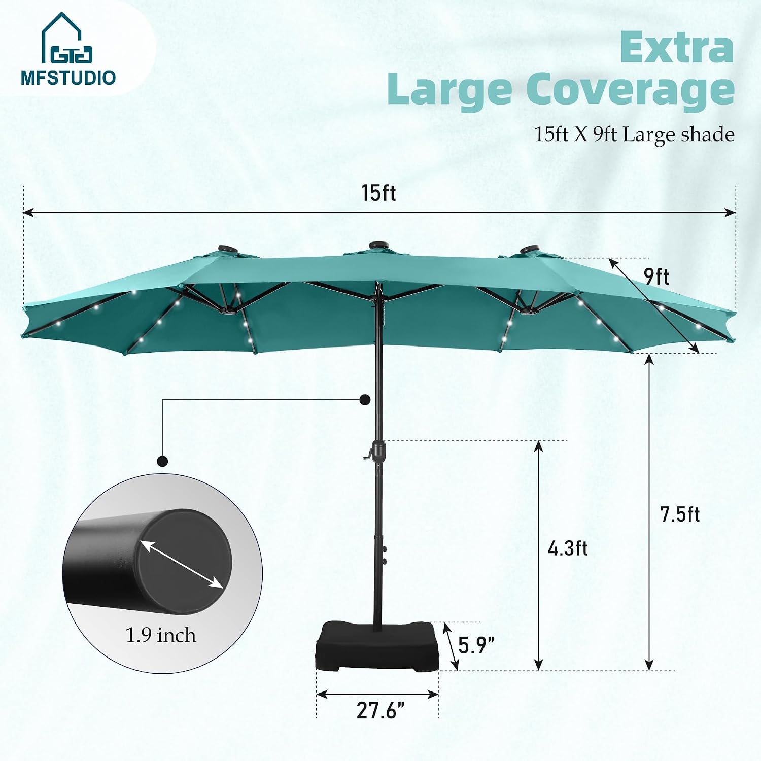 MFSTUDIO 15ft Double Sided Patio Umbrella with Solar Lights, Outdoor Large Umbrellas with Crank Handle and 36 LED Lights, Rectangular Market Umbrella with Base Included for Deck Pool Shade, Turquoise