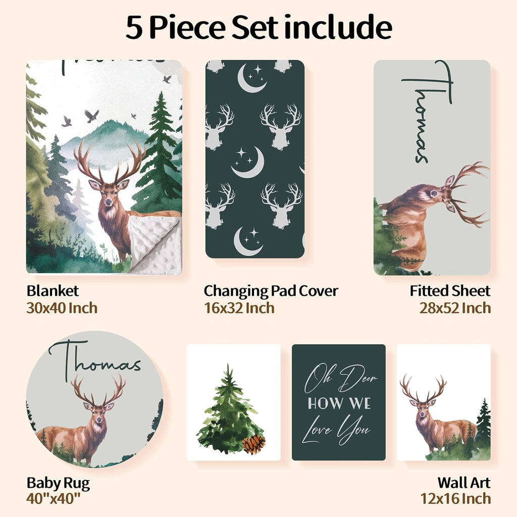 Personalized Baby Crib Bedding Set, Custom Name Nursery Bedding, Deer 5 Pcs Baby Bedding Set for Girl Boy, Double Layer Crib Set, Customized Gifts(Fixed Size)