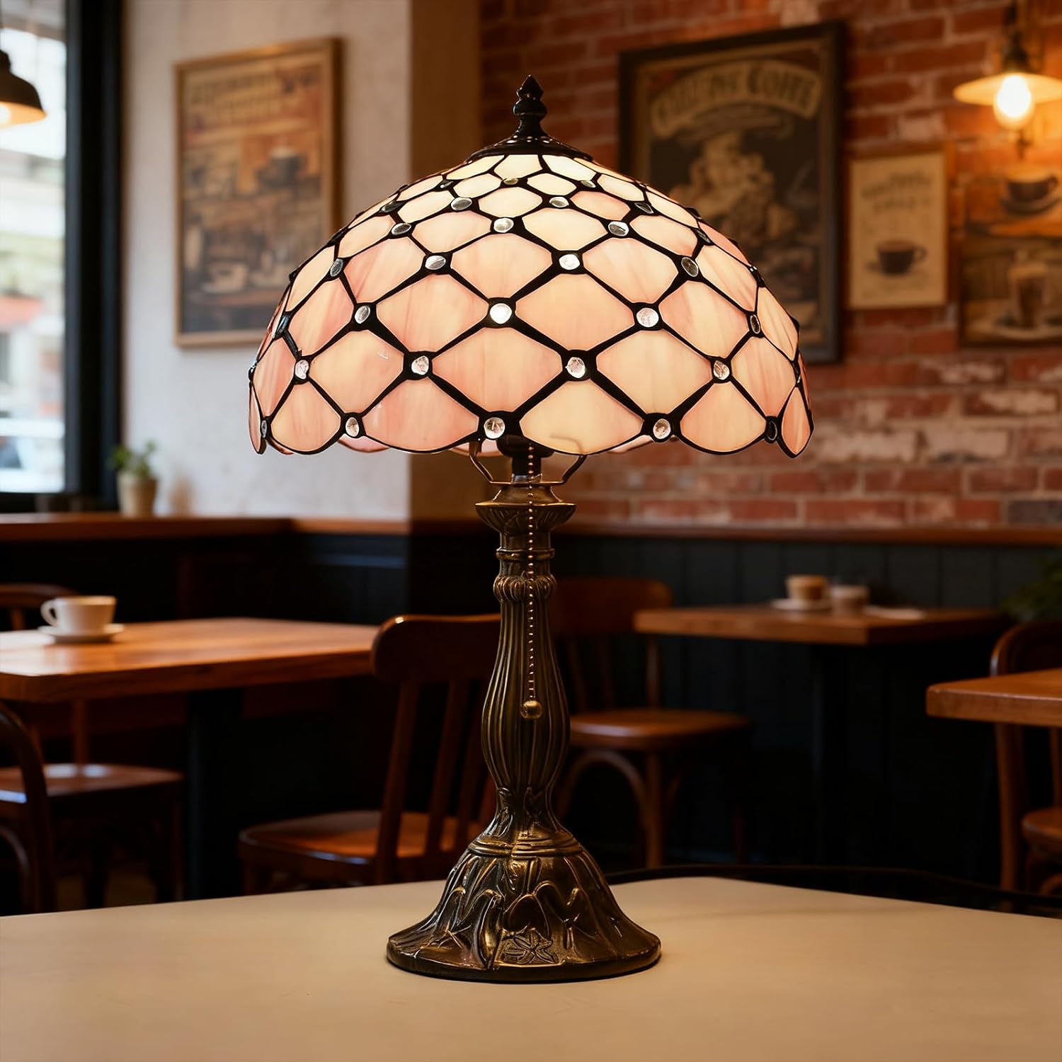 MOAN Lamp Stained Glass Table Lamp 12X12X19 Inch Bedside Reading Light Antique Bronze Base(Pink Pearl Style)