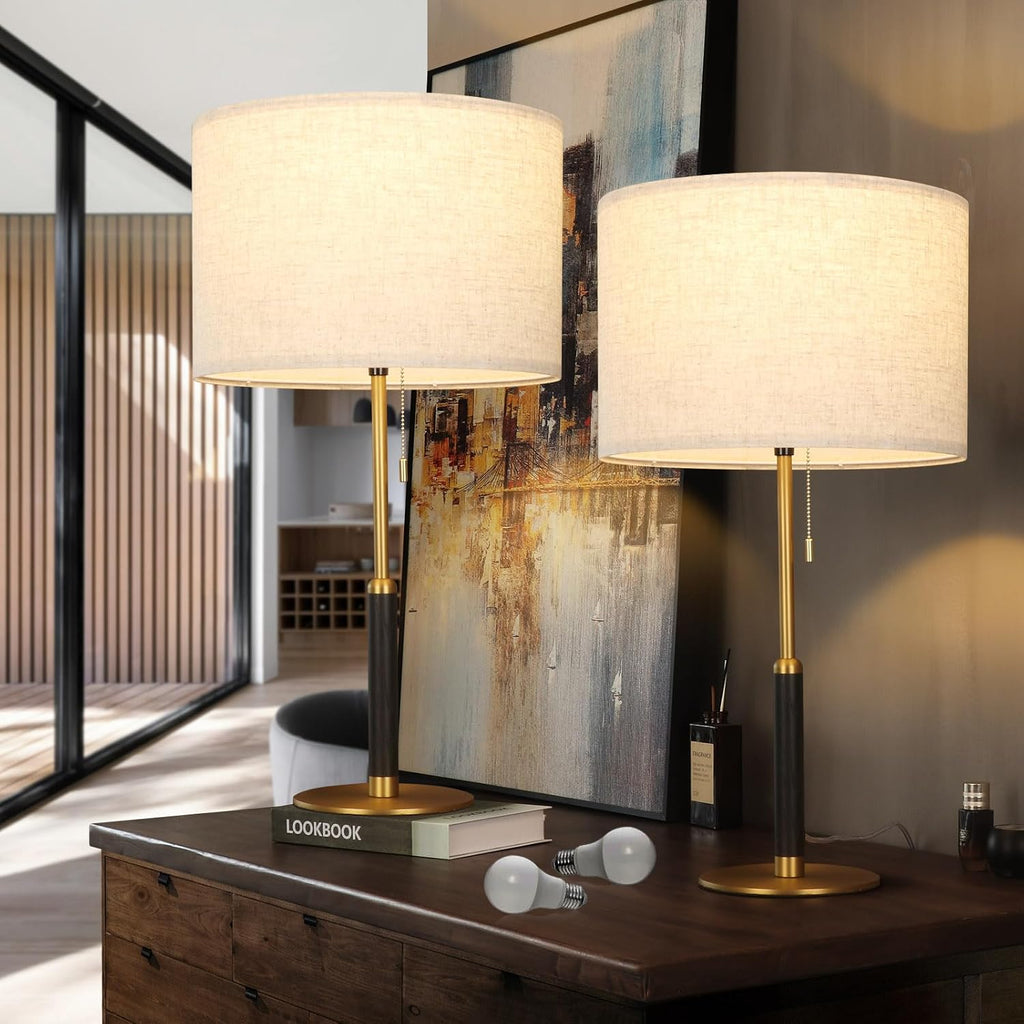 26.4' Set 2 Pull Chain Table Lamp Modern Mid Century Bedside Lamps for Living Room End Tables 3-Color Light for Bedroom, Solid Wood/Metal/Fabric Lamp for Home/Office/Desk (Light Brown+Brass)