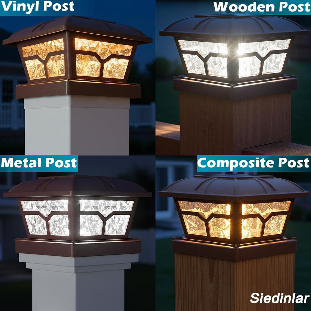 SIEDiNLAR Solar Post Cap Lights Outdoor 2 Color Modes 8 LEDs for 4x4 5x5 6x6 Wooden Vinyl Posts Fence Deck Patio Decoration Warm White & Cool White Lighting Brown (10 Pack)
