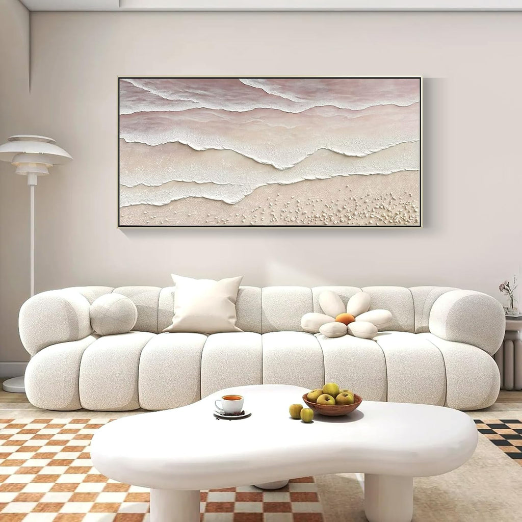 Beach Wave Textured Wall Art - Hand Painted Abstract Wall Painting for Living Room Framed Artwork 60x30 Horizontal Canvas Extra Large Plaster Wall Decor