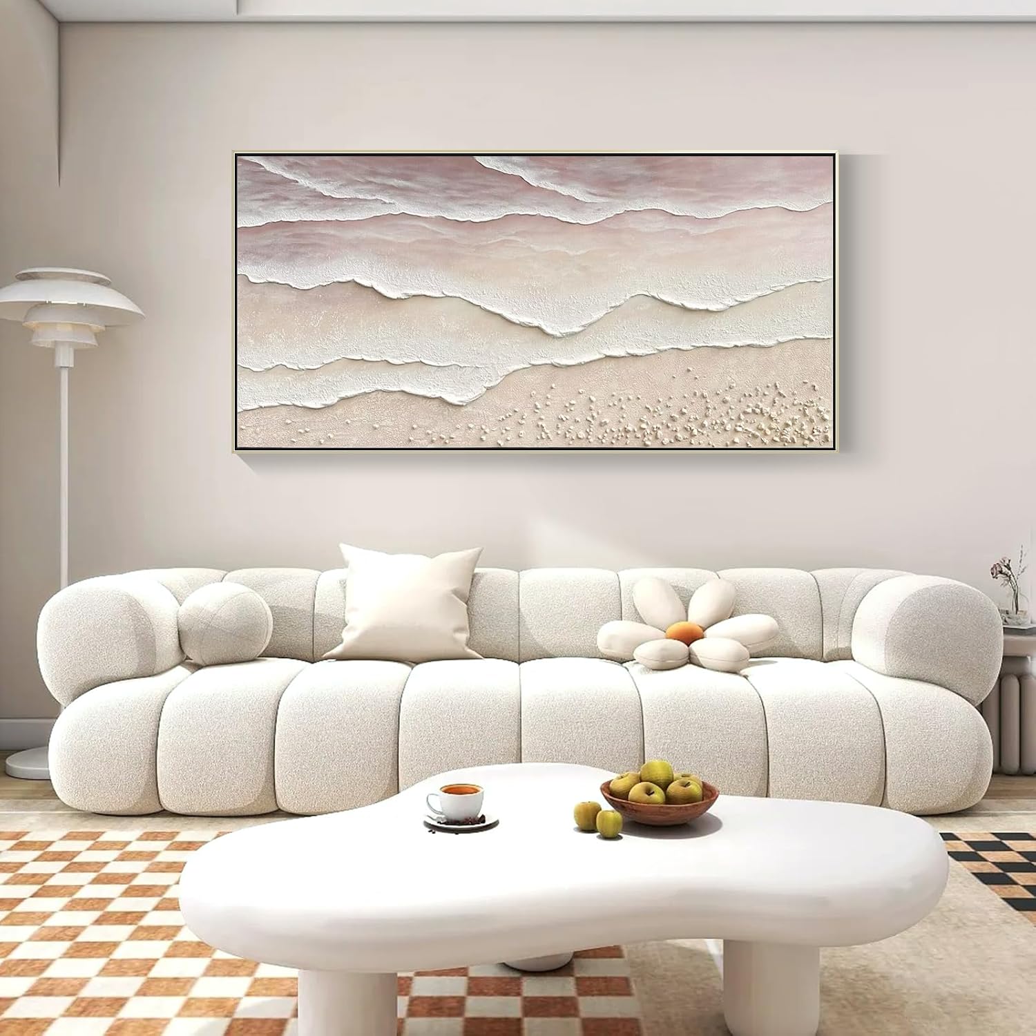 Beach Wave Textured Wall Art - Hand Painted Abstract Wall Painting for Living Room Framed Artwork 60x30 Horizontal Canvas Extra Large Plaster Wall Decor