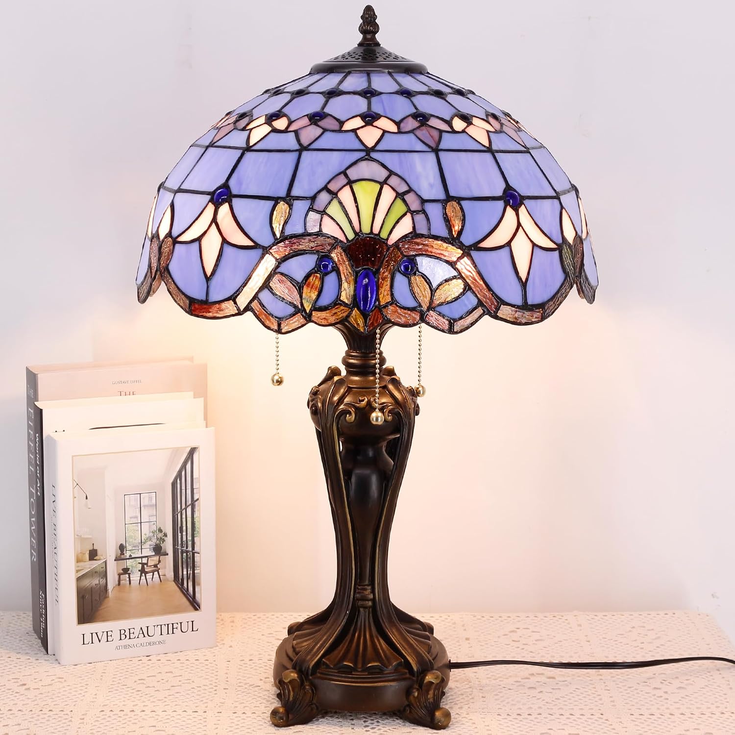 Table Lamp Base Replacement Only, Wide 8 Height 24 Inch, Fit for 12, 14, 16, 18 Inch Tiffany Style Stained Glass Lampshade, Dark Bronze Finish, Resin, Pull Chain Switch(L (W8H24 Inch))