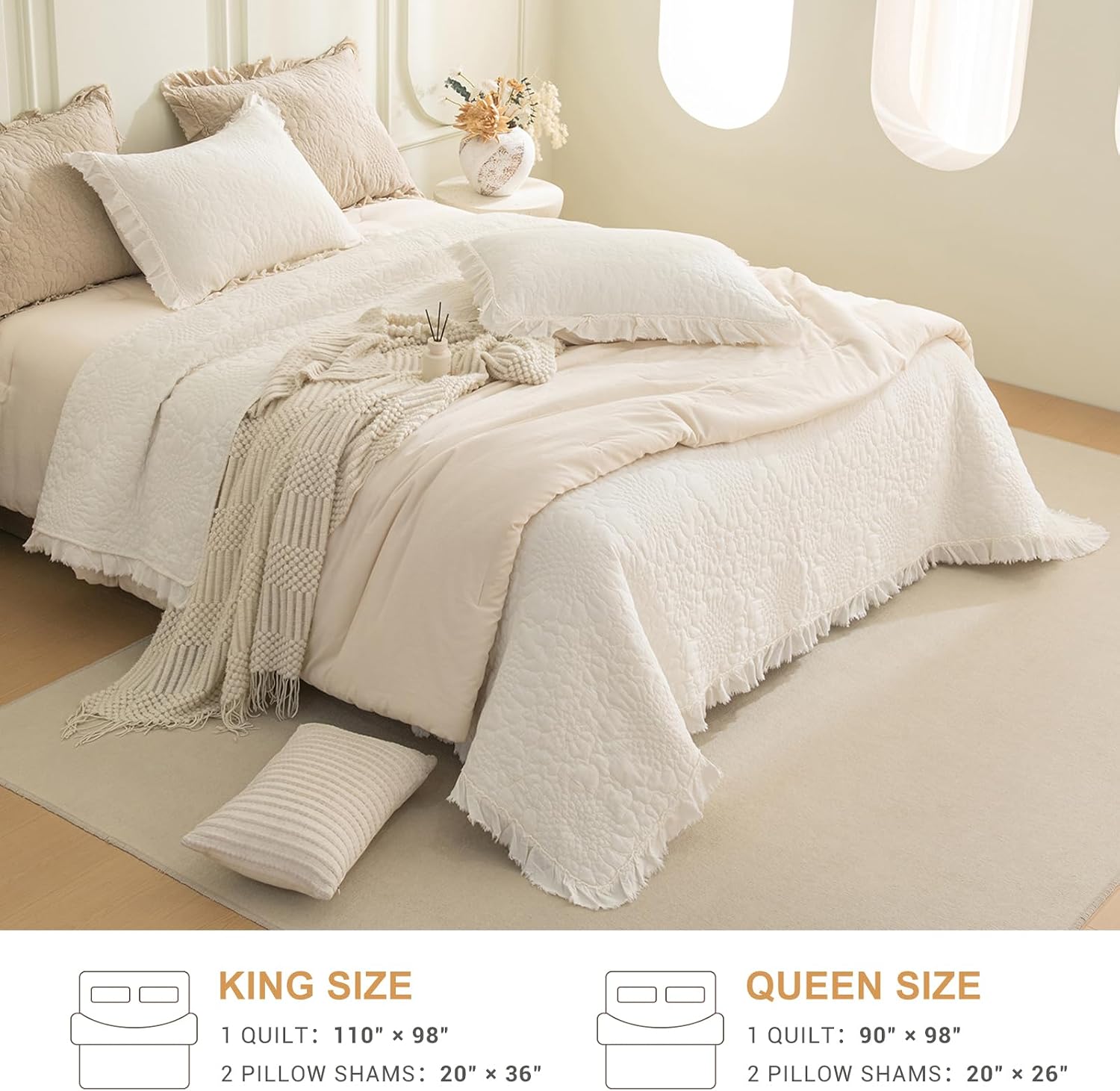 QSH 3PCs Stonewashed Cotton Quilt King (110'x98'),Milk White Ruffled Quilt King Size Bedding Set,Ultra Lightweight Soft Crinkle Bedspread Coverlet King Shabby Farmhouse Chic Bedspreads for All Seasons