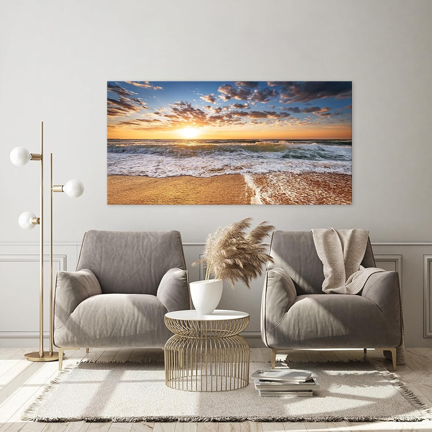 Jiuqinghua Wall Art Decor Large Canvas Print Picture Sunrise over the Sea 1 Panel Ocean Beach Waves Scenery Painting Artwork for Office Wall Decor Home Decoration Stretched and Framed Ready to Hang
