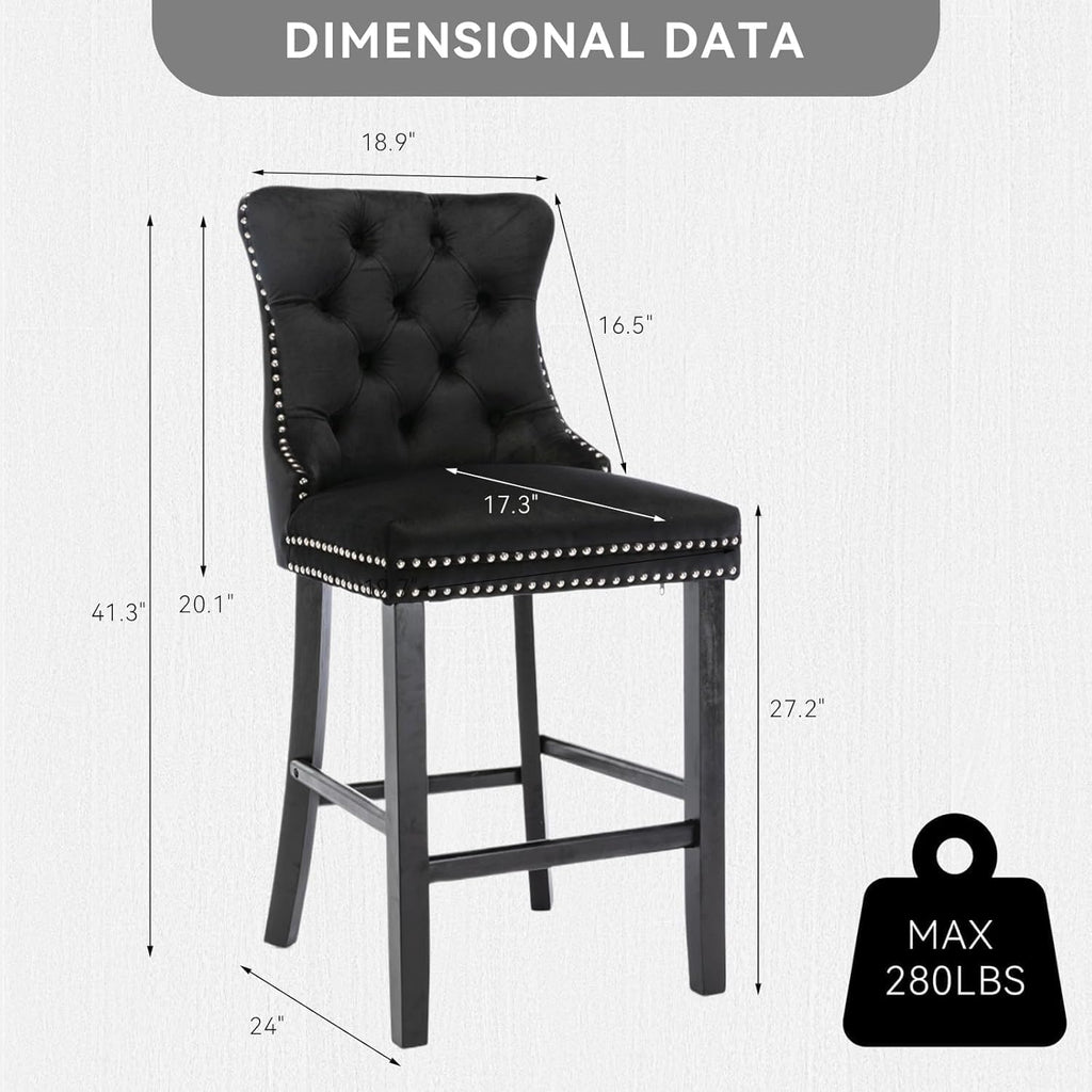 Elegant Black Velvet Bar Stools Set of 4,Delicate Upholstered Counter Height Barstool with Backrest,Wooden Legs Design for Kitchen Islands & Pubs（Black