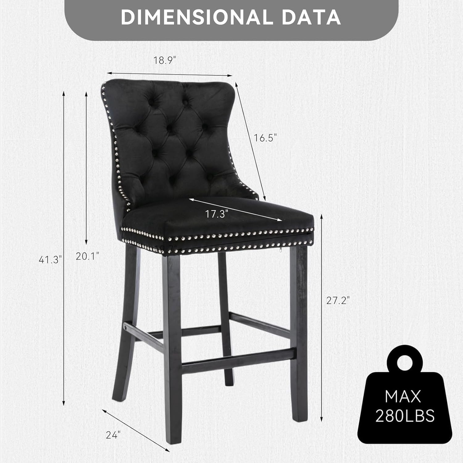 Elegant Velvet Bar Stools Set of 2,Delicate Upholstered Counter Height Barstool with Backrest,Wooden Legs Design for Kitchen Islands & Pubs（Black）