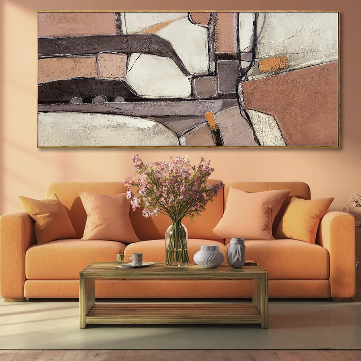 ZENPEE Brown & Grey Abstract Canvas Wall Art 32x71, Neutral Off-White Geometric Design with Wooden Frame, Modern Oversized wall art for living room