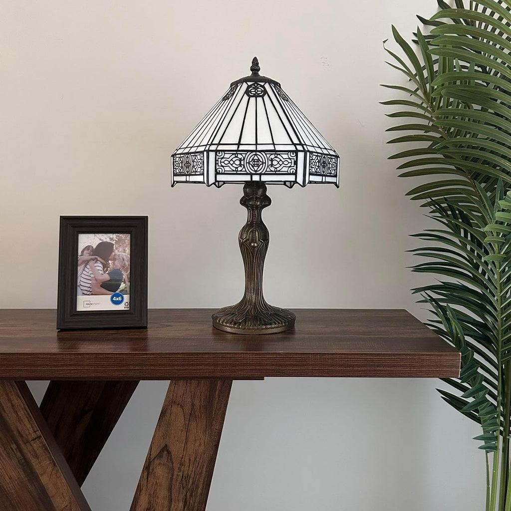 Tiffany Table Lamp White Stained Glass Hexagon LED Bulb Included for Living Room Bedroom Bedside 12'W*12' D*19' H