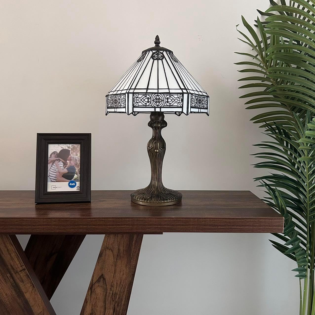 Tiffany Table Lamp White Stained Glass Hexagon LED Bulb Included for Living Room Bedroom Bedside 12'W*12' D*19' H