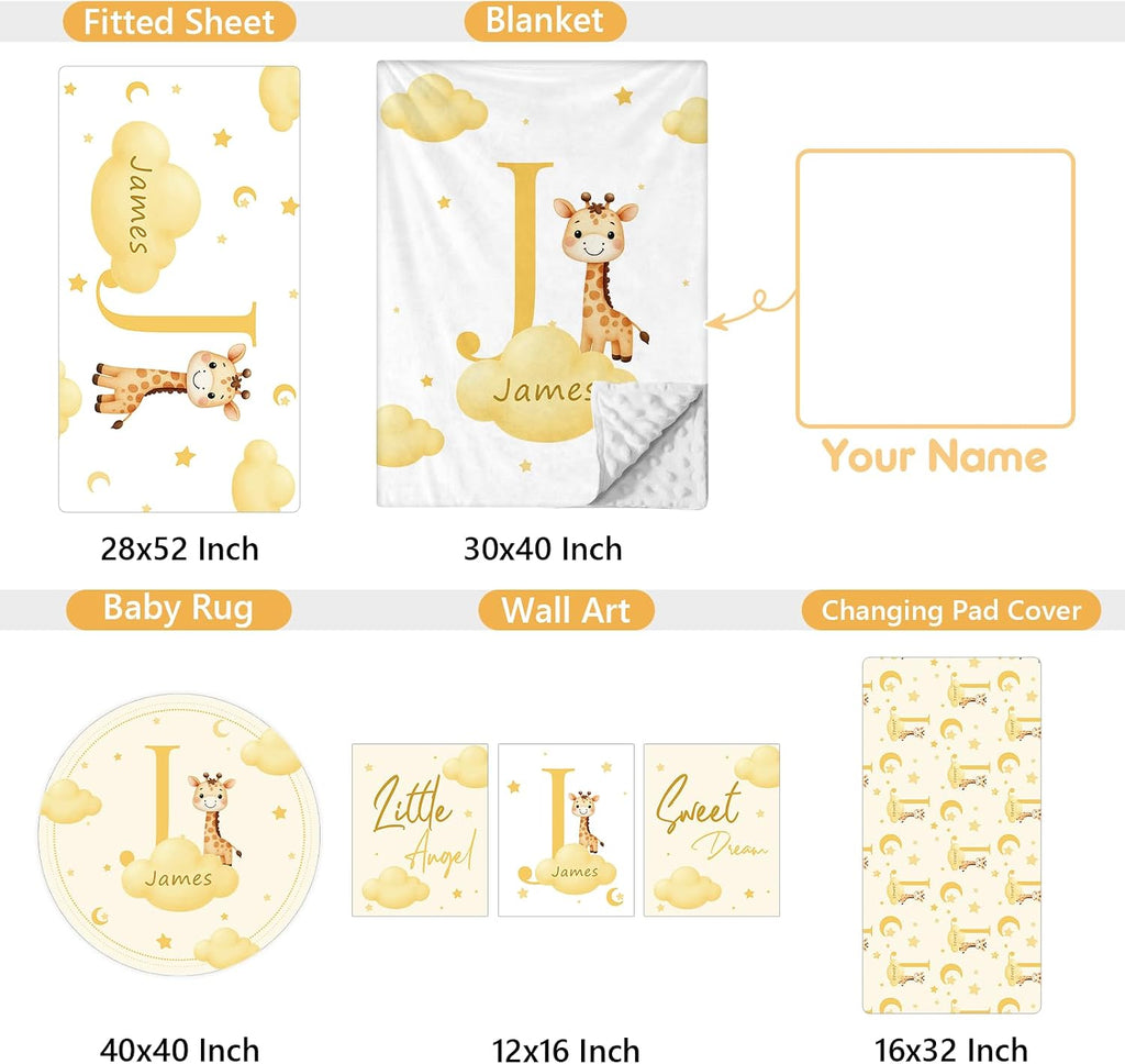 Terwex Custom Baby Bedding Set, 5 Pcs Personalized Name Baby Crib Sets for Infant Toddler Newborn, Yellow Giraffe Nursery Bedding Set for Girls Boys, Double Layer Crib Bedding Sets Customized Gifts