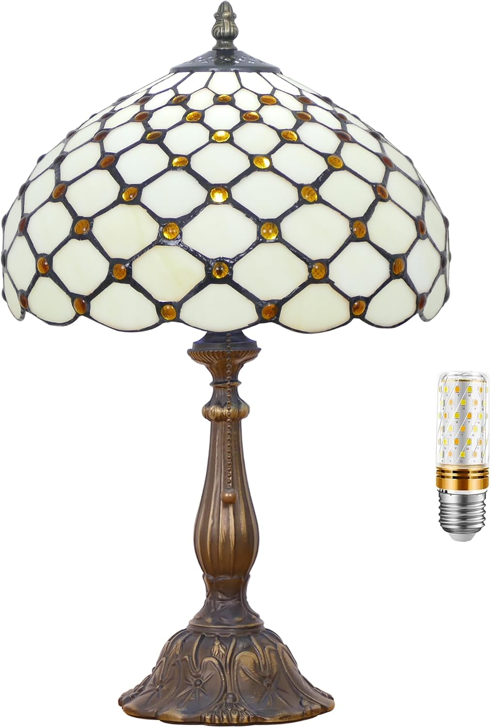 Tiffany Lamp Stained Glass Table Lamp Antique Bedside Reading Light W12H19 Inches (Cream Amber Pearl)
