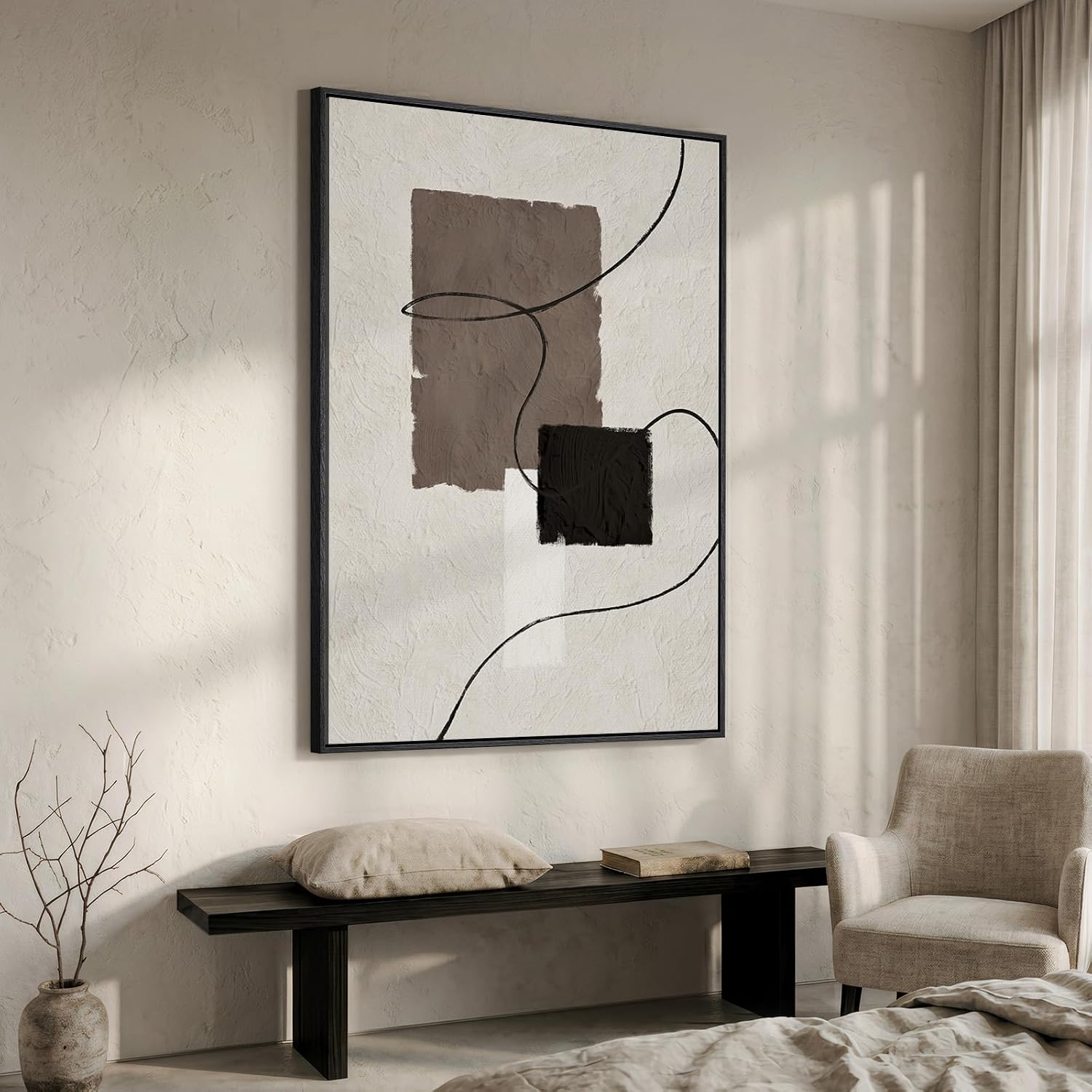 Extra Large Framed Neutral Abstract Wall Art, Vertical Modern Canvas Prints Paintings Artwork for Walls, Minimalist Beige Brown Block Pictures for Living Room Bedroom Entryway Wall Decor 40x60 In