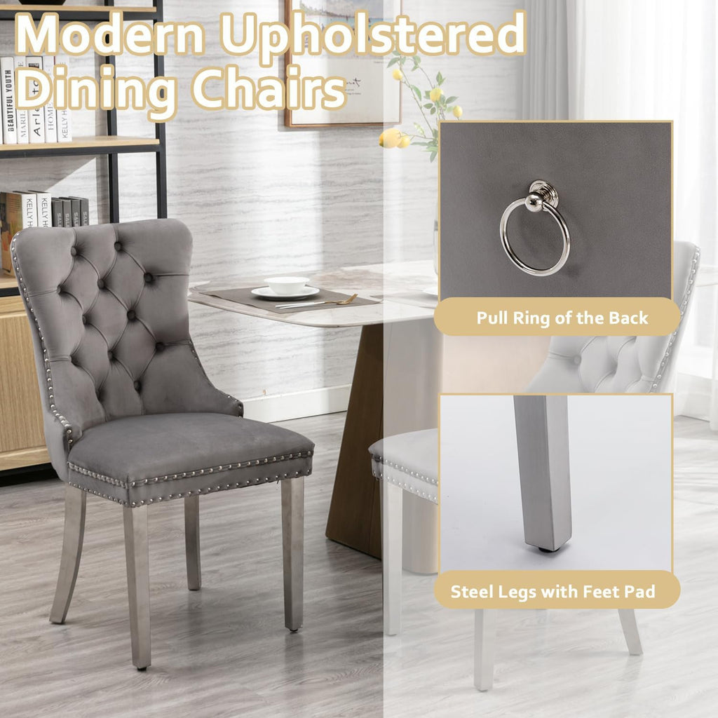 2 Piece Contemporary Velvet Upholstered Dining Chair with Chrome Stainless Steel Plating Legs, Nail Head Decro, Armless Tufted Dining Chair Fabric Dining Room Chair (Gray&Silver, Set of 2)