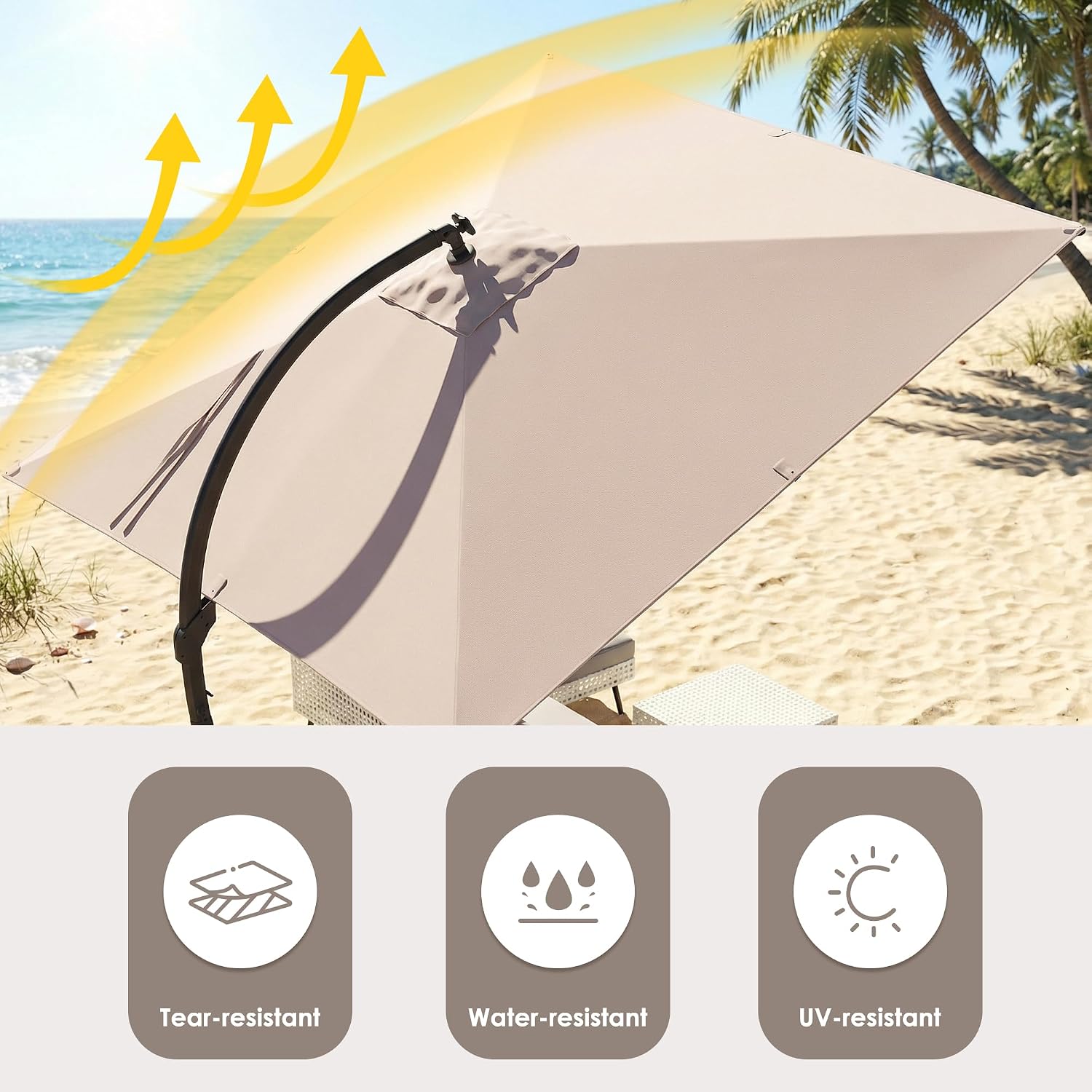 ENSTVER 11x11ft Large Cantilever Umbrella With Base Included & Solar Powered Led Lights, Deluxe Curvy All-Aluminum Rectangular Patio Umbrella For Deck, Pool And Backyard (Champagne)