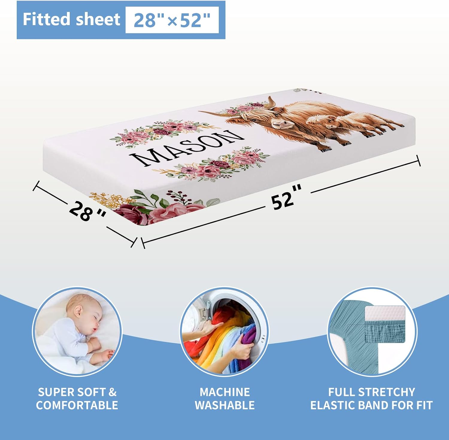 KAINSY Personalized Baby Bedding Set, 5 Pcs Custom Baby Crib Set with Name, Soft Flannel Highland Cow Crib Bedding Set for Girls, Double Layer Nursery Bedding Set, New Parents Toddlers Infants Gift