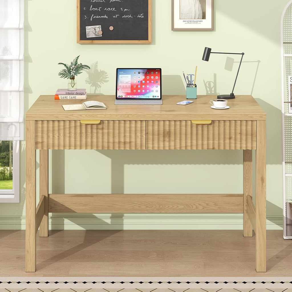 YOMILUVE Fluted Computer Desk with 2 Drawers, 39 Inch Small Computer Desk with Storage, Compact Writing Study Desk for Small Spaces