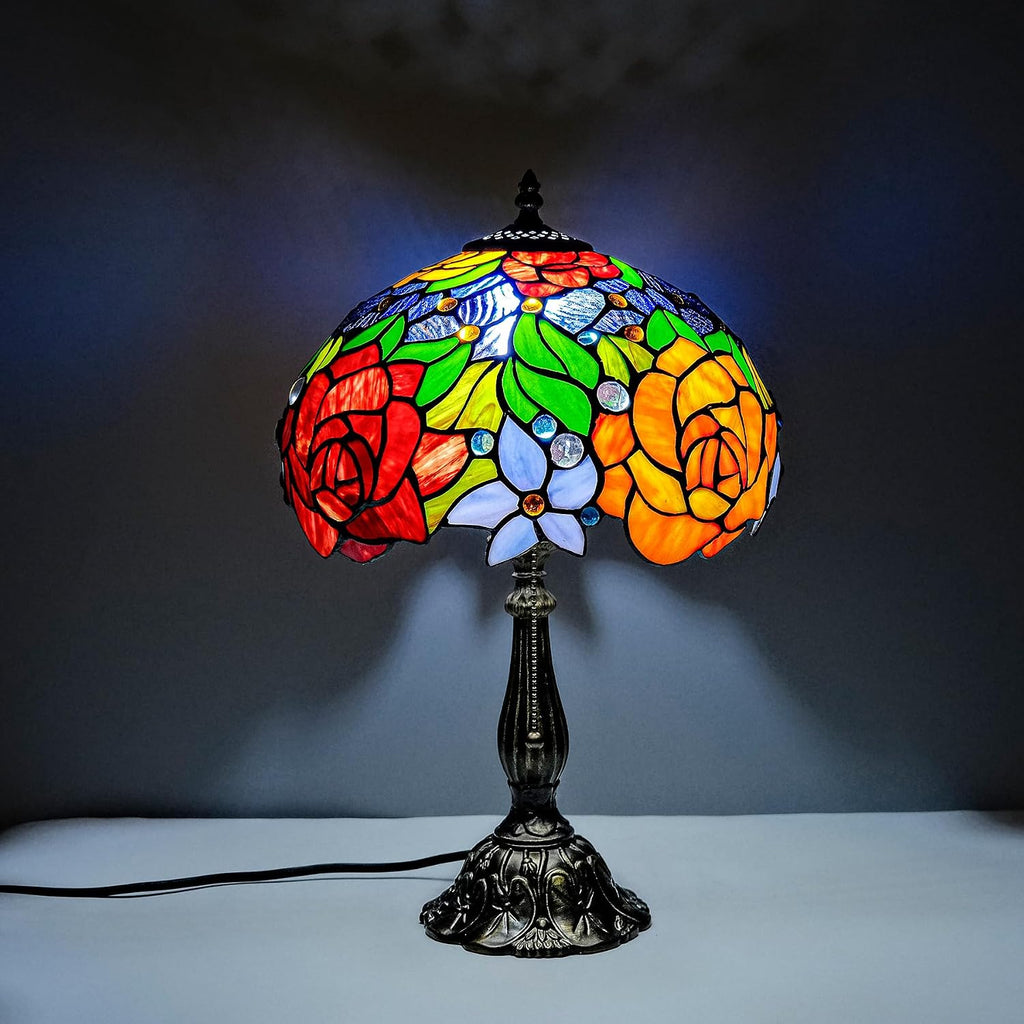 Tiffany Style Stained Glass Table Lamp, Floral Pattern Desk Light with Antique Bronze Resin Base, Red Roses Decorative Lighting for Bedroom, Living Room, Office 12X12X19 Inch