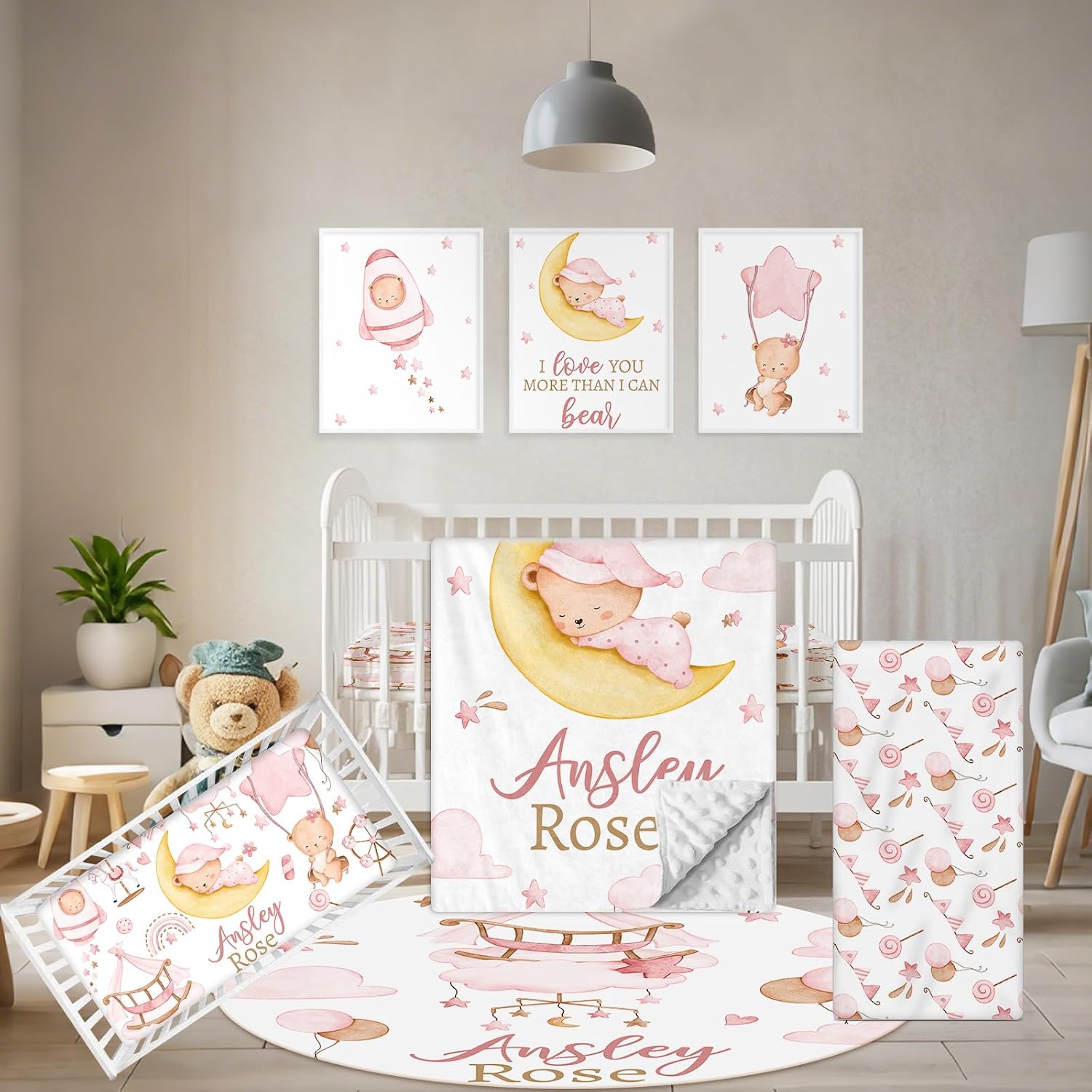 Terwex Custom Crib Bedding Set, 5 Pcs Customized Baby Crib Set with Name, Soft Double Layer Nursery Baby Bedding Set for Girls Boys, Personalized for Infants Toddlers, Pink Moon Bear